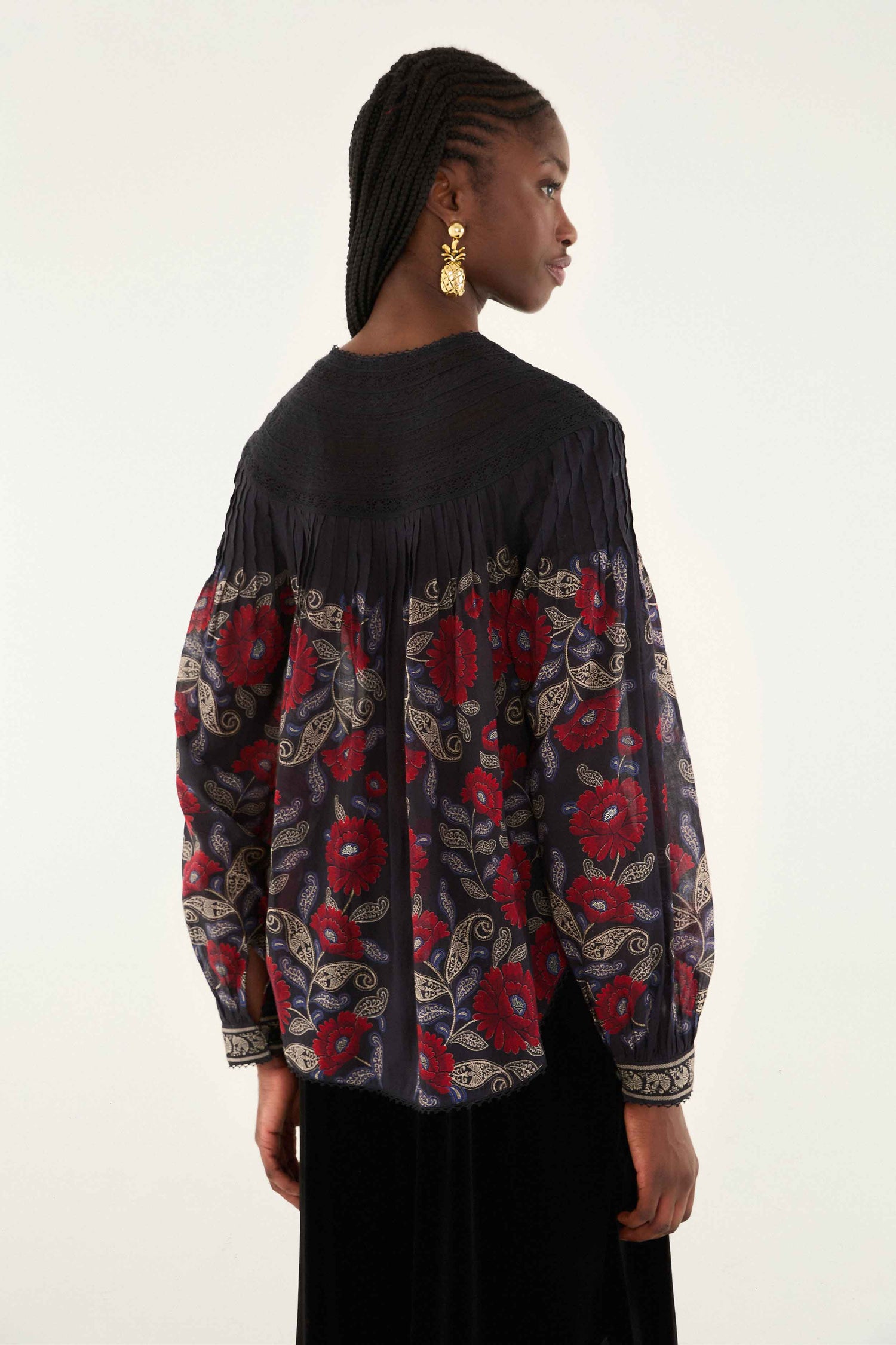 FARM Rio model wearing the Black Valentina Long Sleeve Blouse