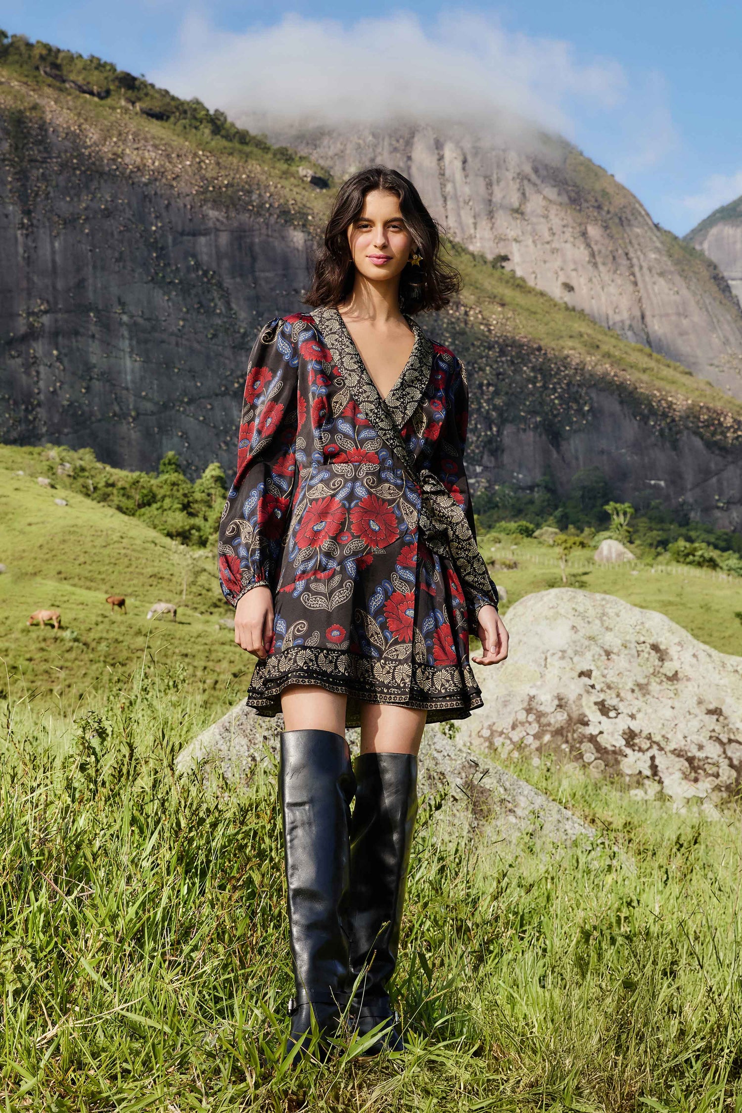 FARM Rio model wearing the Black Valentina Wrap Lenzing� Ecovero� Viscose Mini Dress