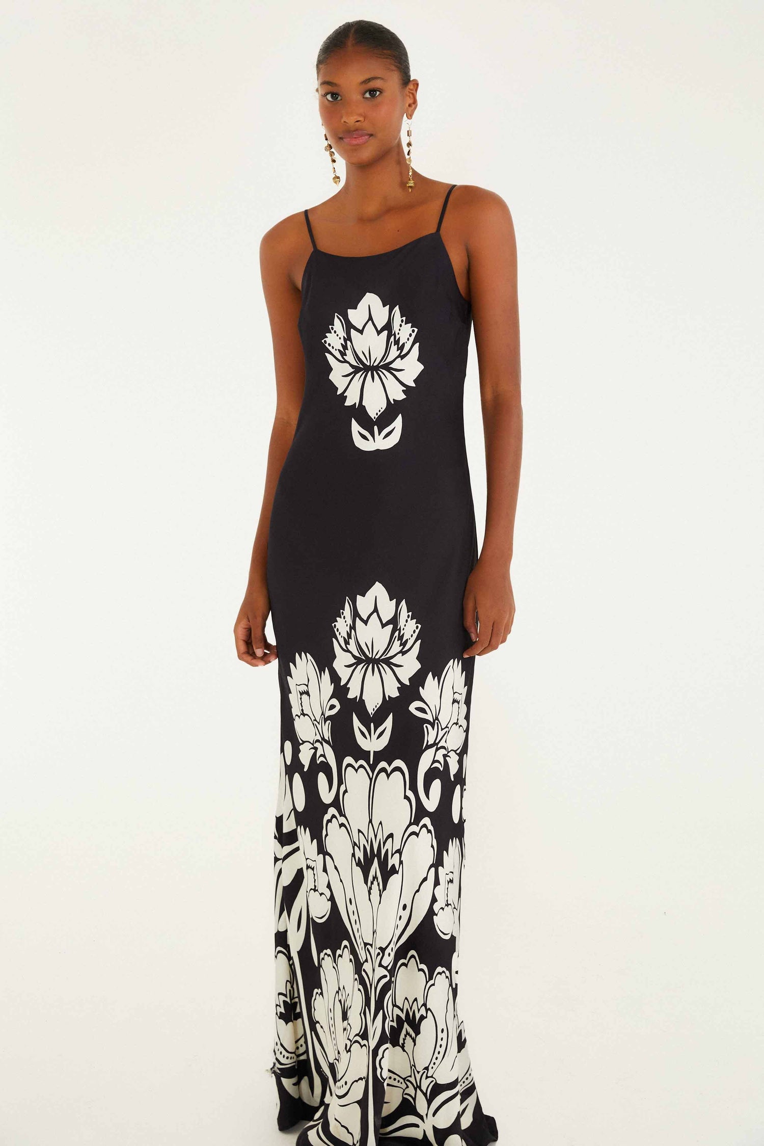 FARM Rio model wearing the Black & White Floral Arabesque Slip Lenzing� Ecovero� Viscose Maxi Dress