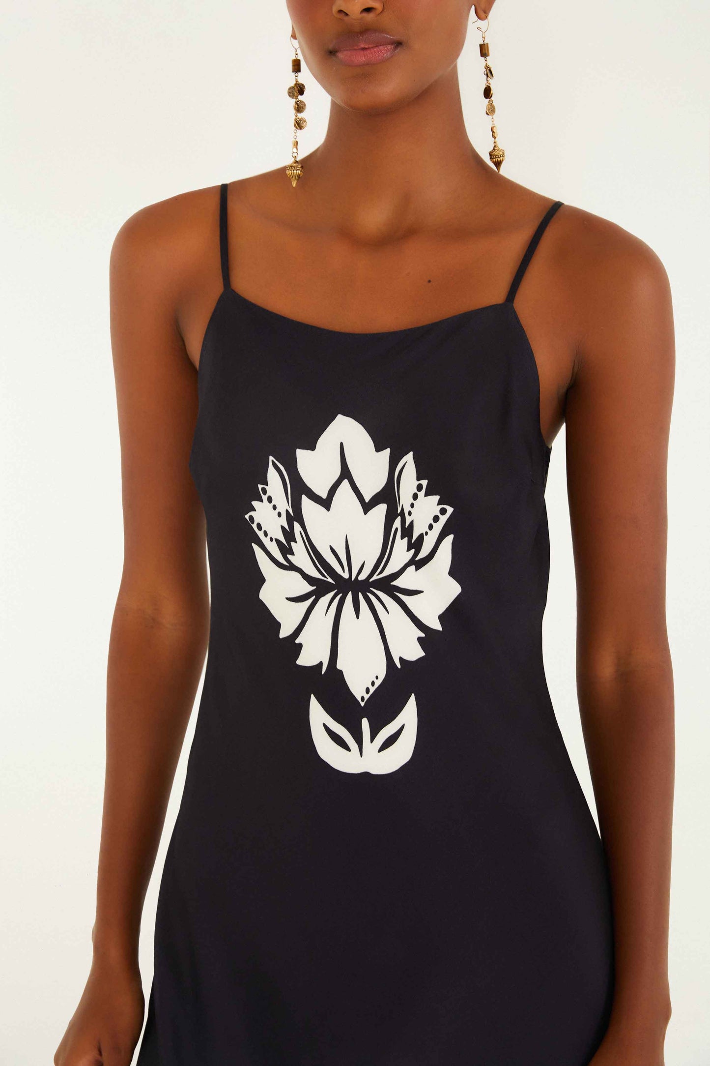 FARM Rio model wearing the Black & White Floral Arabesque Slip Lenzing� Ecovero� Viscose Maxi Dress