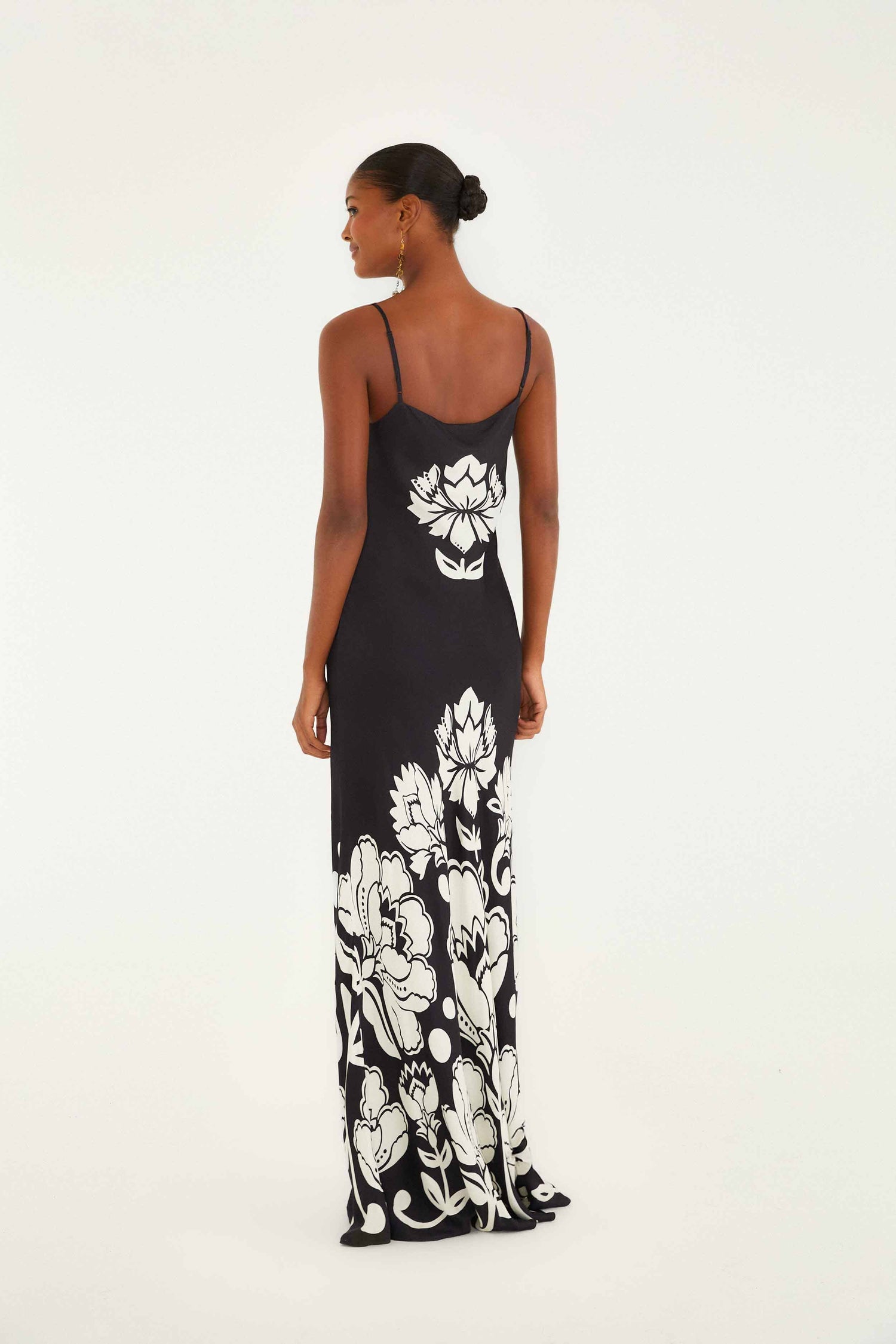 FARM Rio model wearing the Black & White Floral Arabesque Slip Lenzing� Ecovero� Viscose Maxi Dress