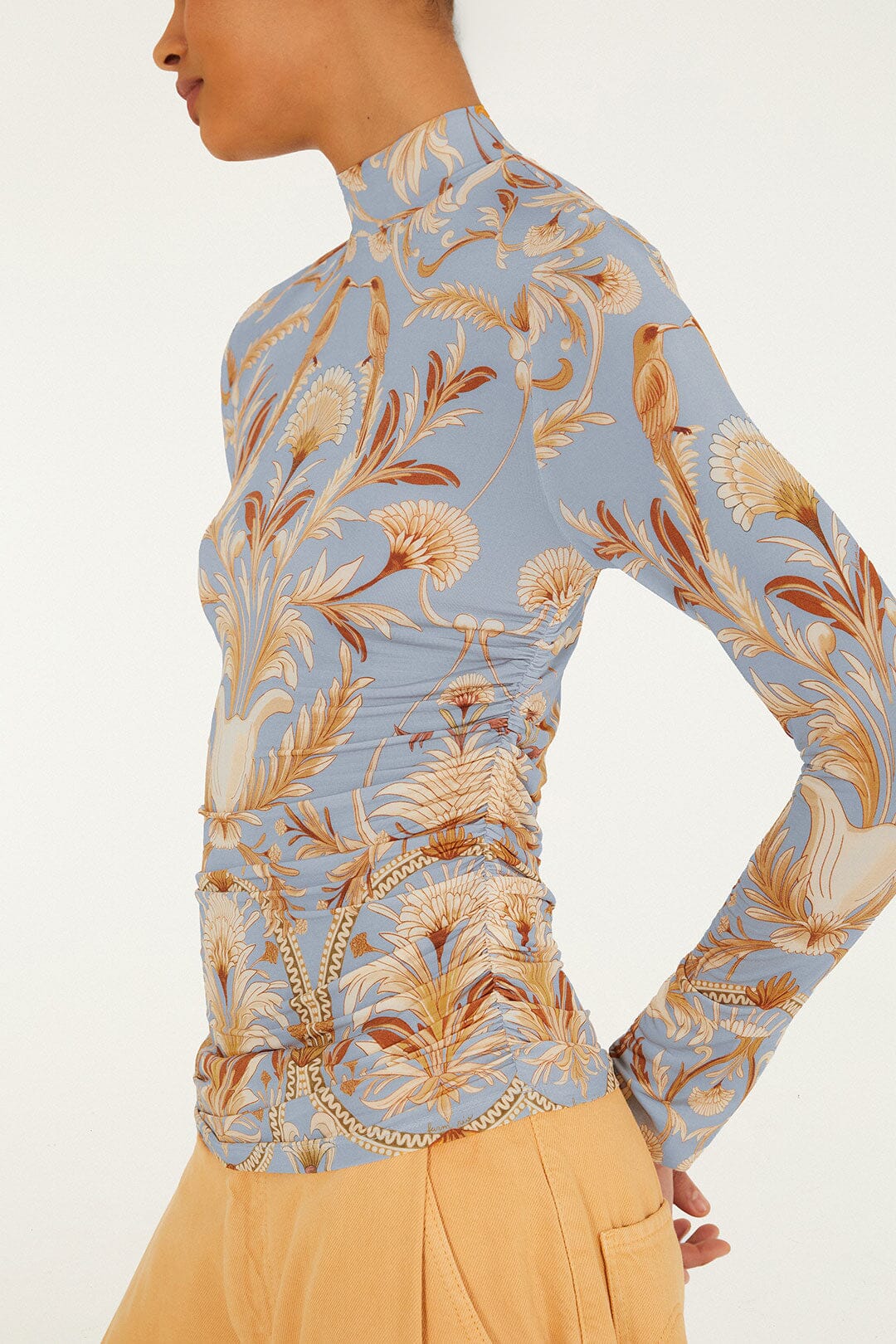 FARM Rio model wearing the Blooming Garden Jersey Blouse