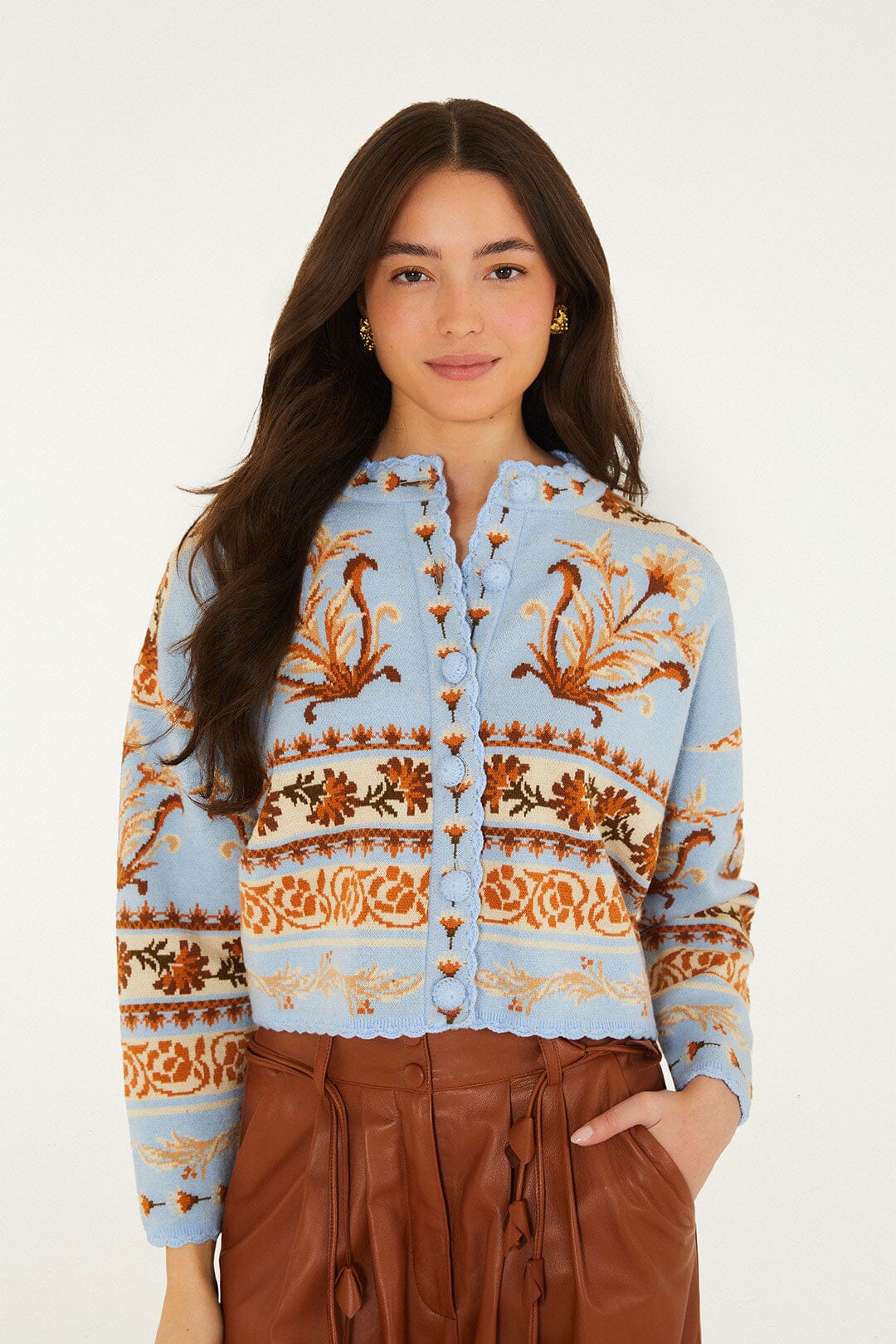 FARM Rio model wearing the Blooming Garden Knit Cardigan