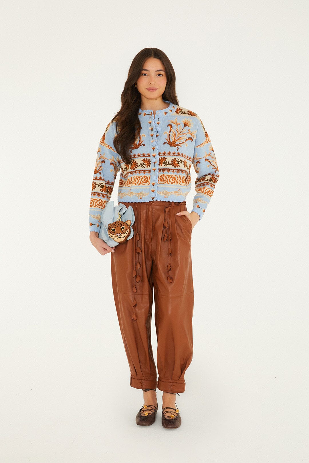 FARM Rio model wearing the Blooming Garden Knit Cardigan