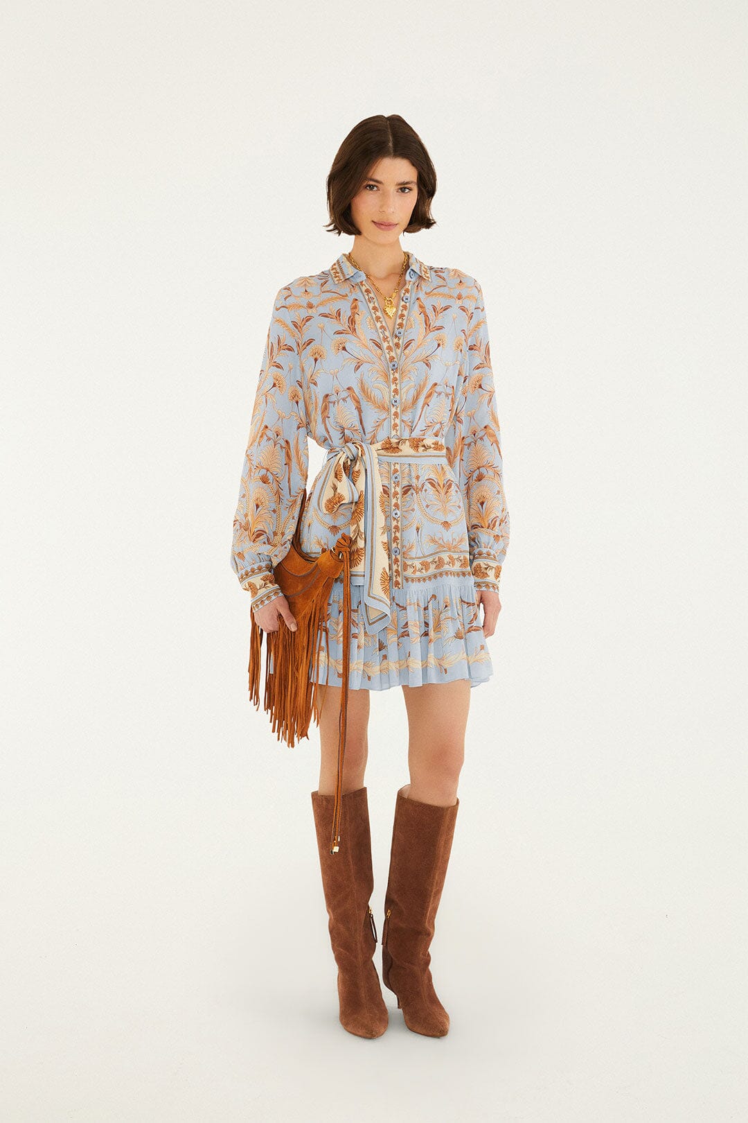 FARM Rio model wearing the Blooming Garden Long Sleeve Mini Dress