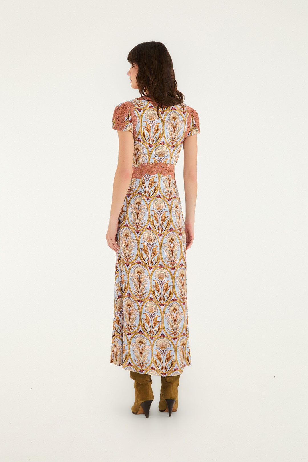 FARM Rio model wearing the Blooming Garden Short Sleeve Midi Dress