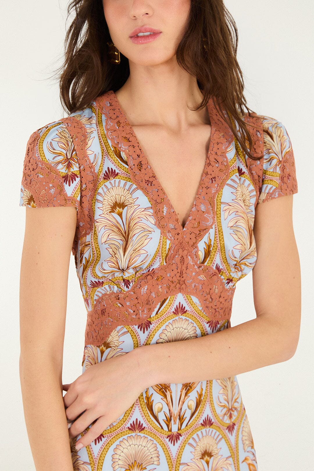 FARM Rio model wearing the Blooming Garden Short Sleeve Midi Dress
