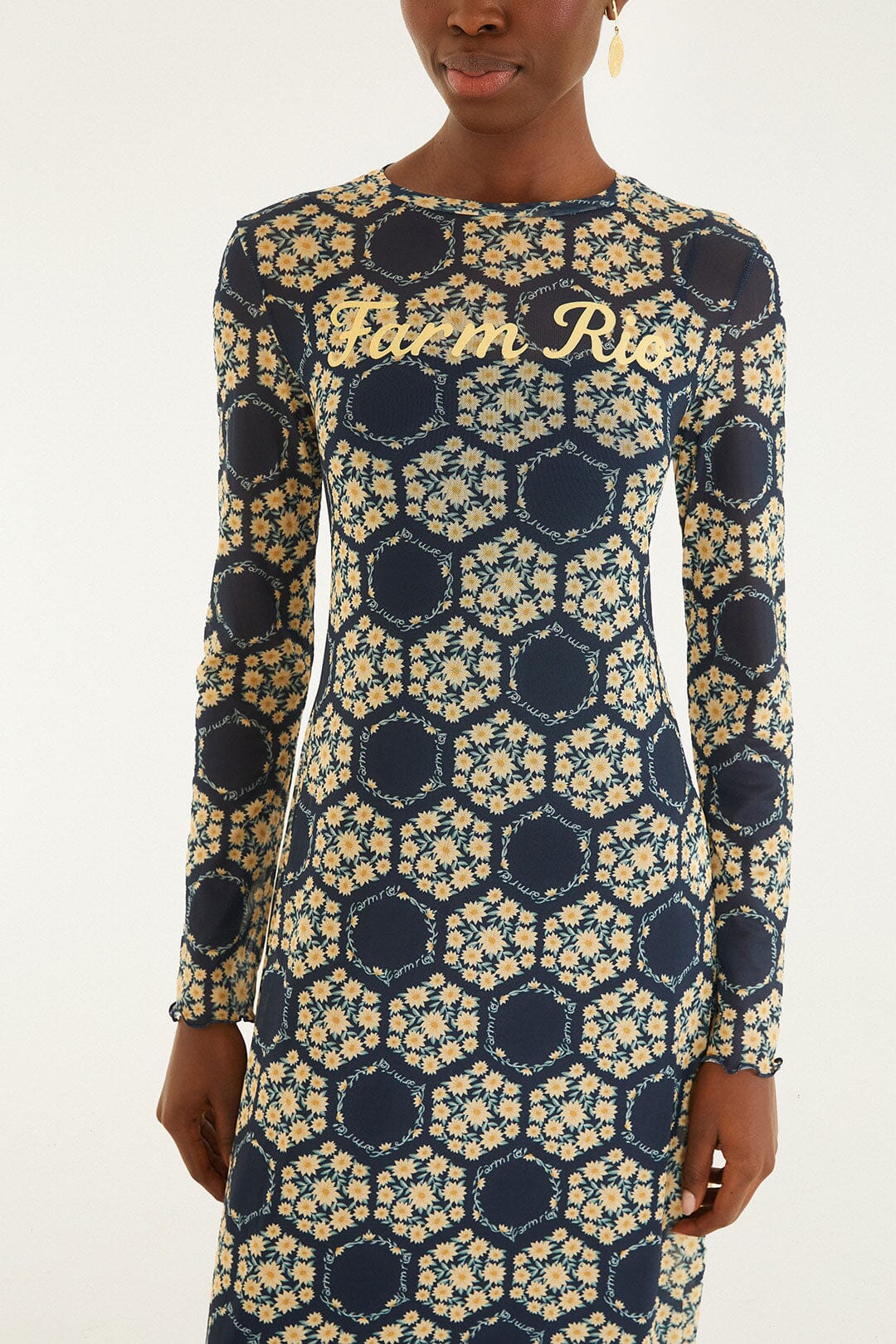 FARM Rio model wearing the Blue Farm Club Long Sleeve Maxi Dress