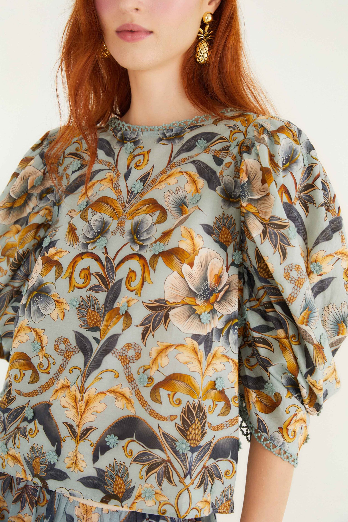 FARM Rio model wearing the Blue Snake Garden 3d Applique Blouse