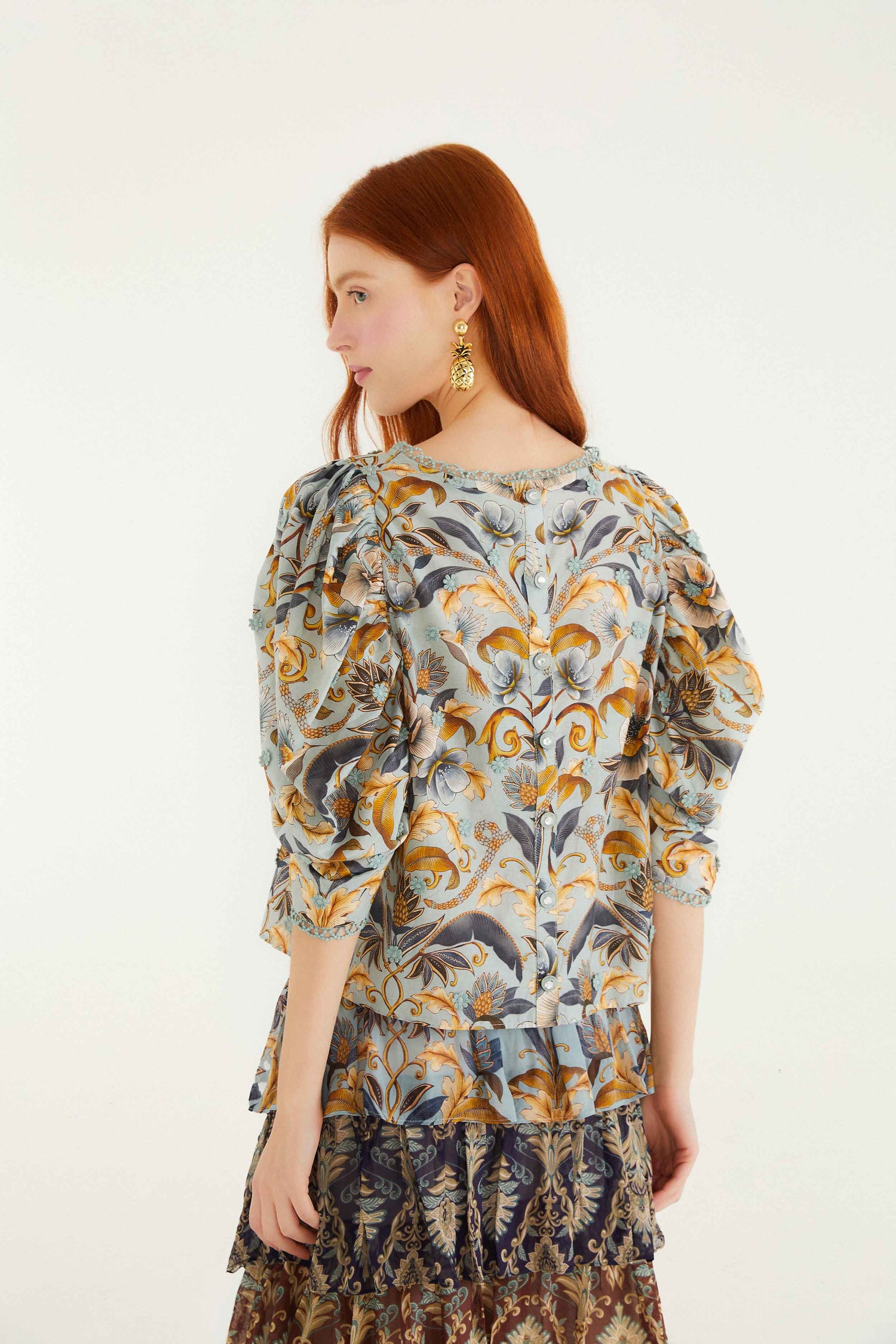 FARM Rio model wearing the Blue Snake Garden 3d Applique Blouse
