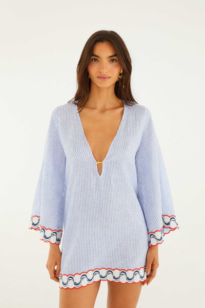 farm rio embroidered open-back dress Blue Stripes Embroidered Open Back Mini Dress