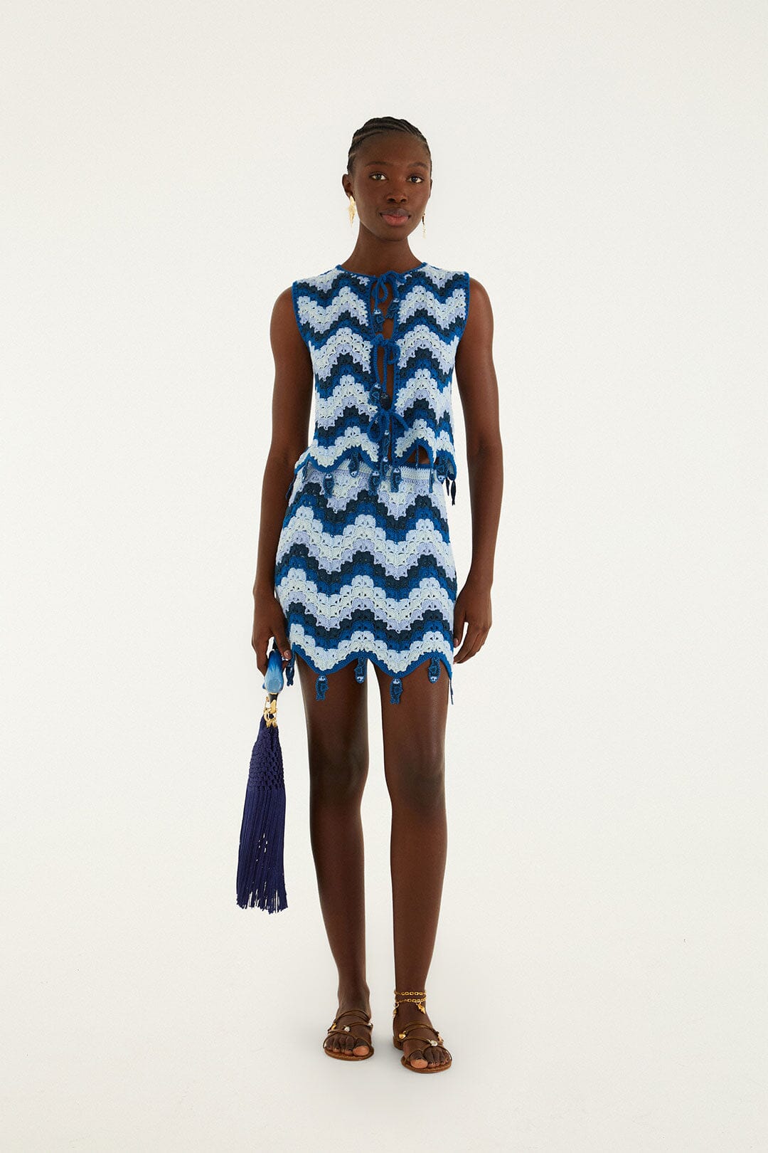 FARM Rio model wearing the Blue Waves Crochet Mini Skirt