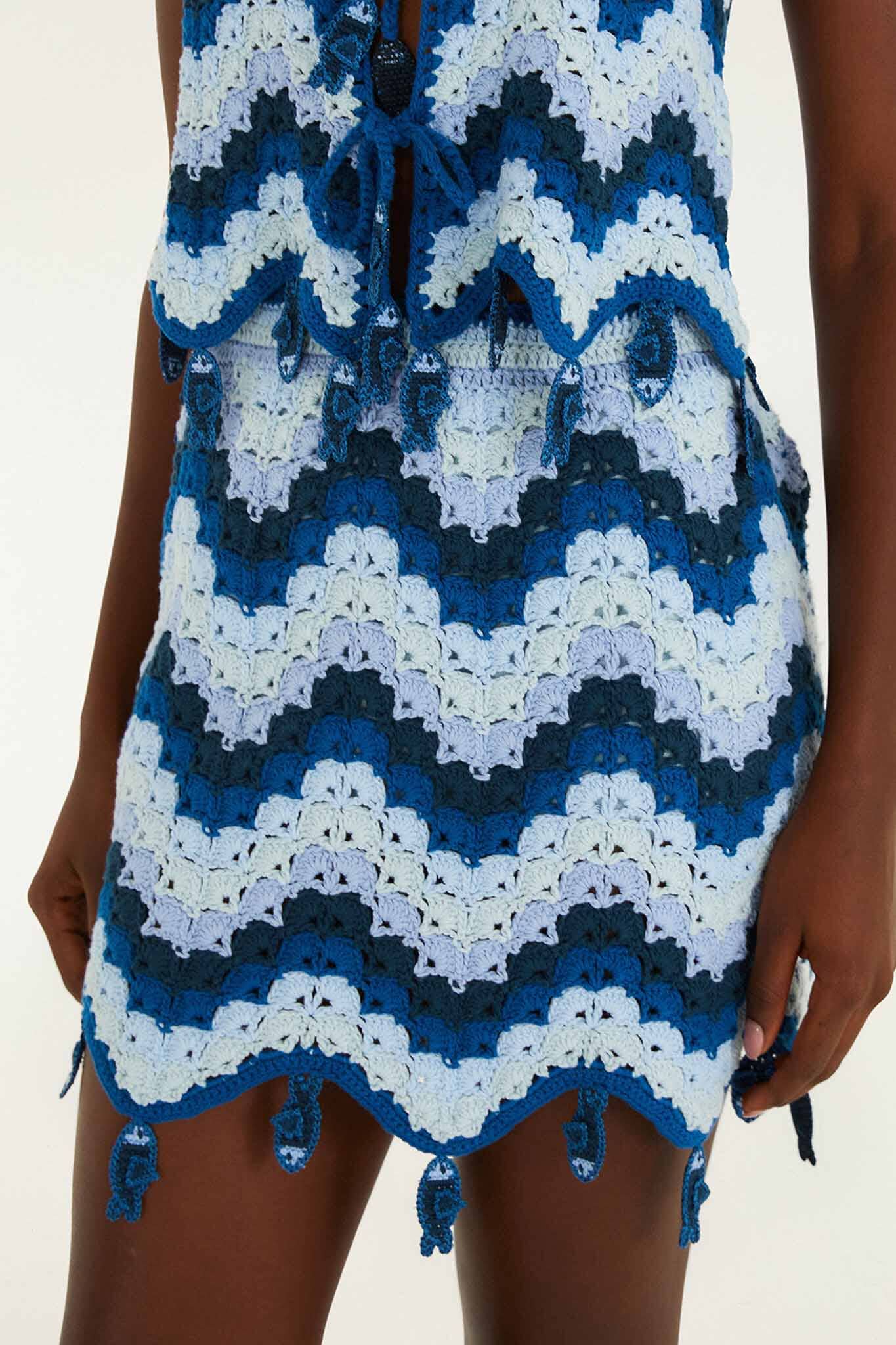 FARM Rio model wearing the Blue Waves Crochet Mini Skirt
