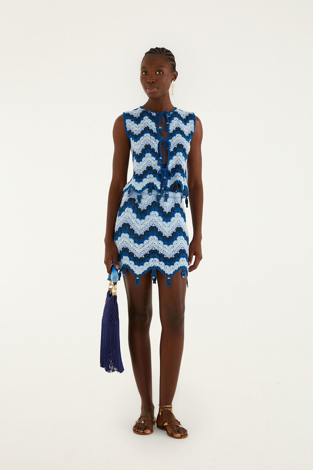 FARM Rio model wearing the Blue Waves Crochet Top