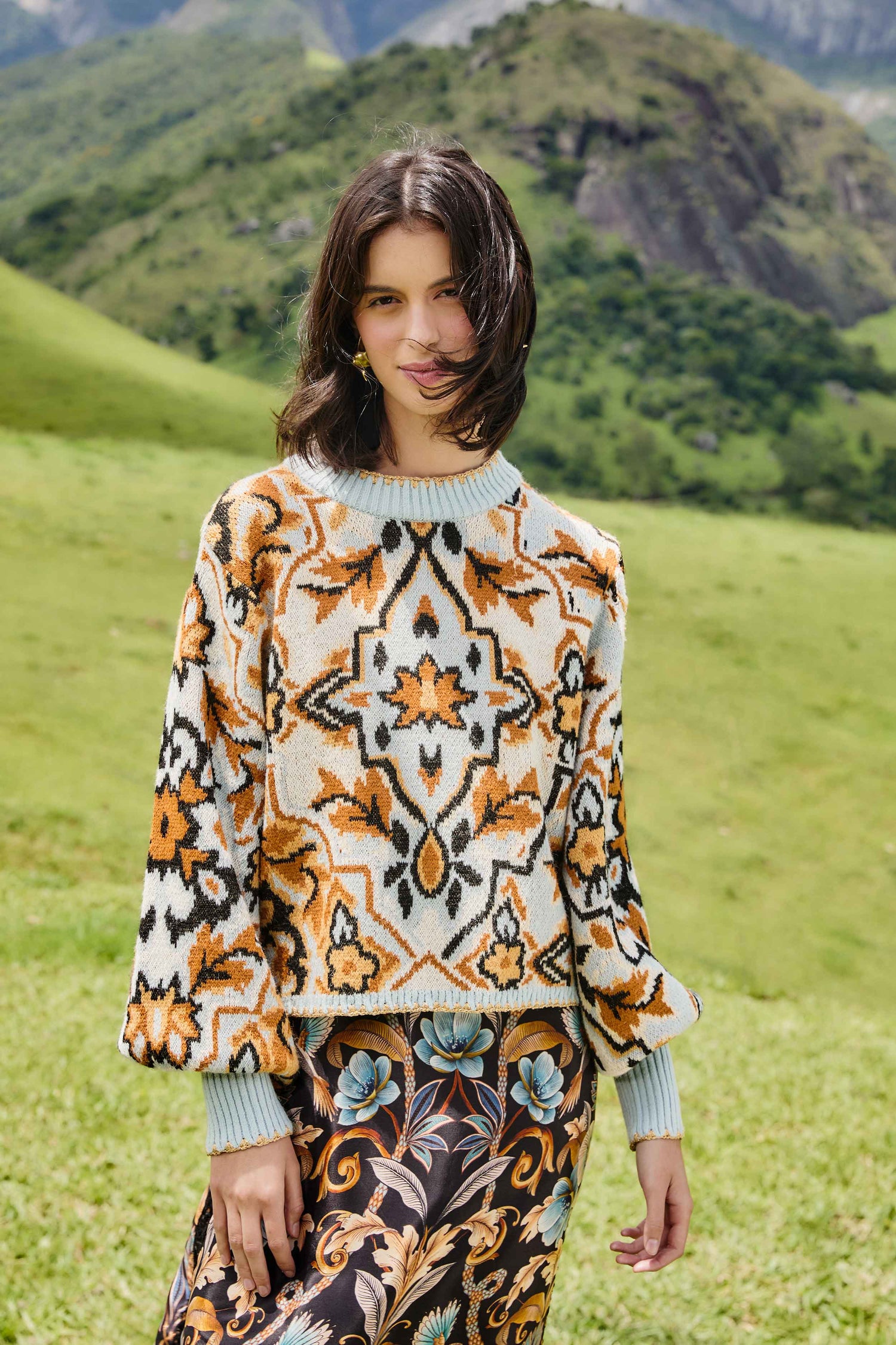 FARM Rio model wearing the Blue Winter Tapestry Sweater