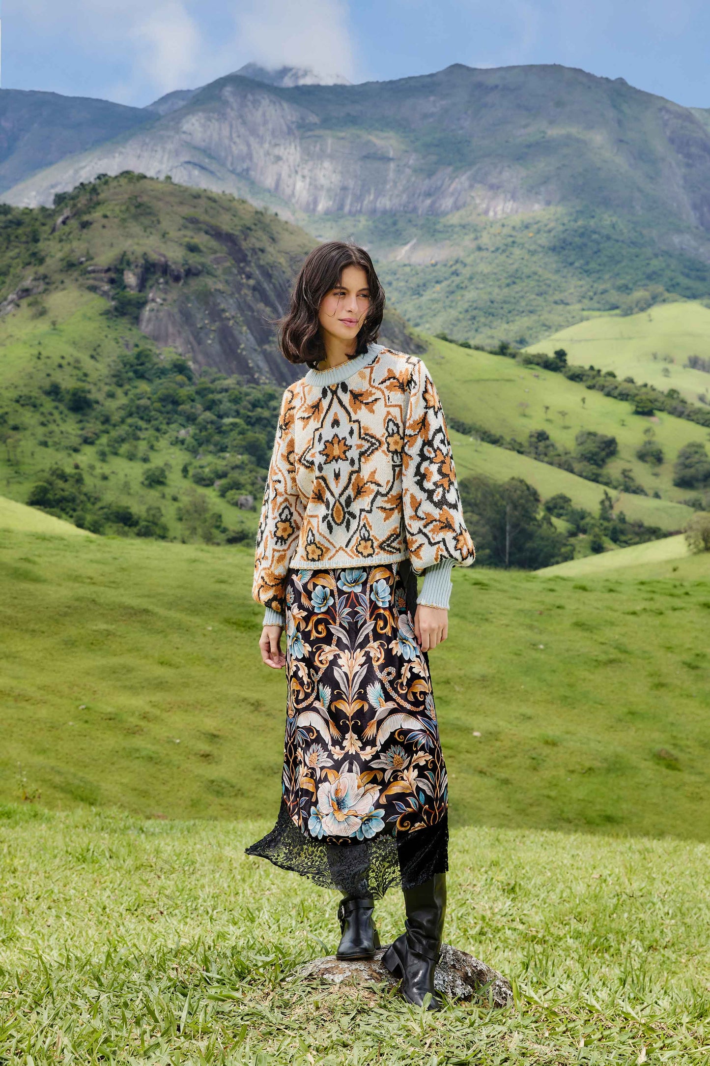 FARM Rio model wearing the Blue Winter Tapestry Sweater