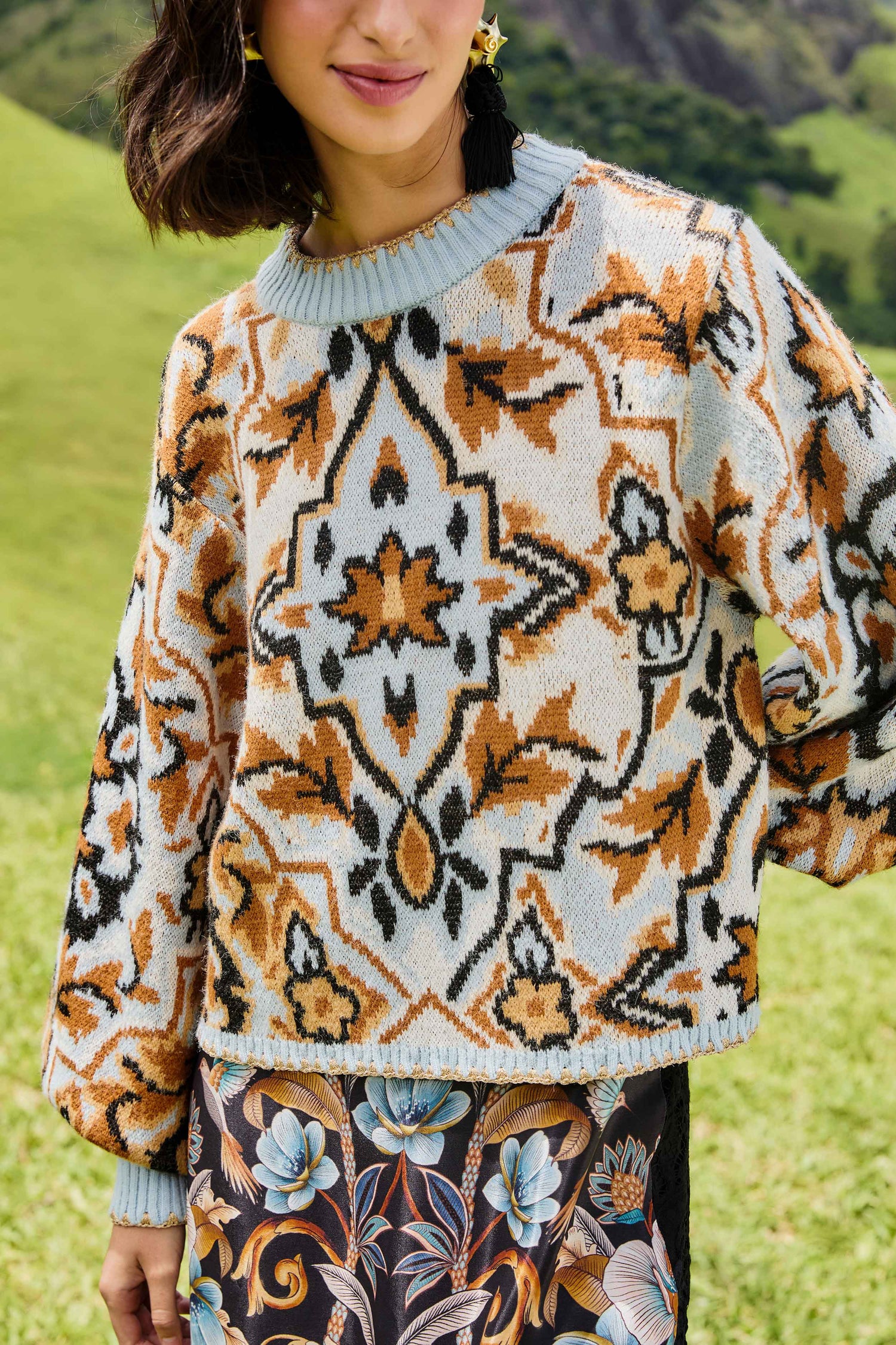 FARM Rio model wearing the Blue Winter Tapestry Sweater