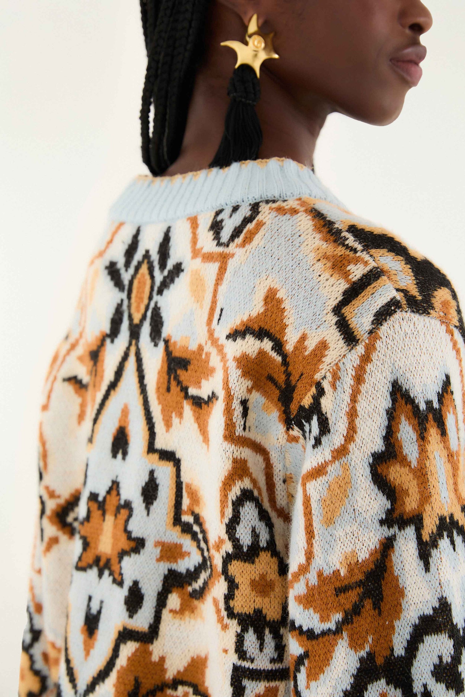 FARM Rio model wearing the Blue Winter Tapestry Sweater