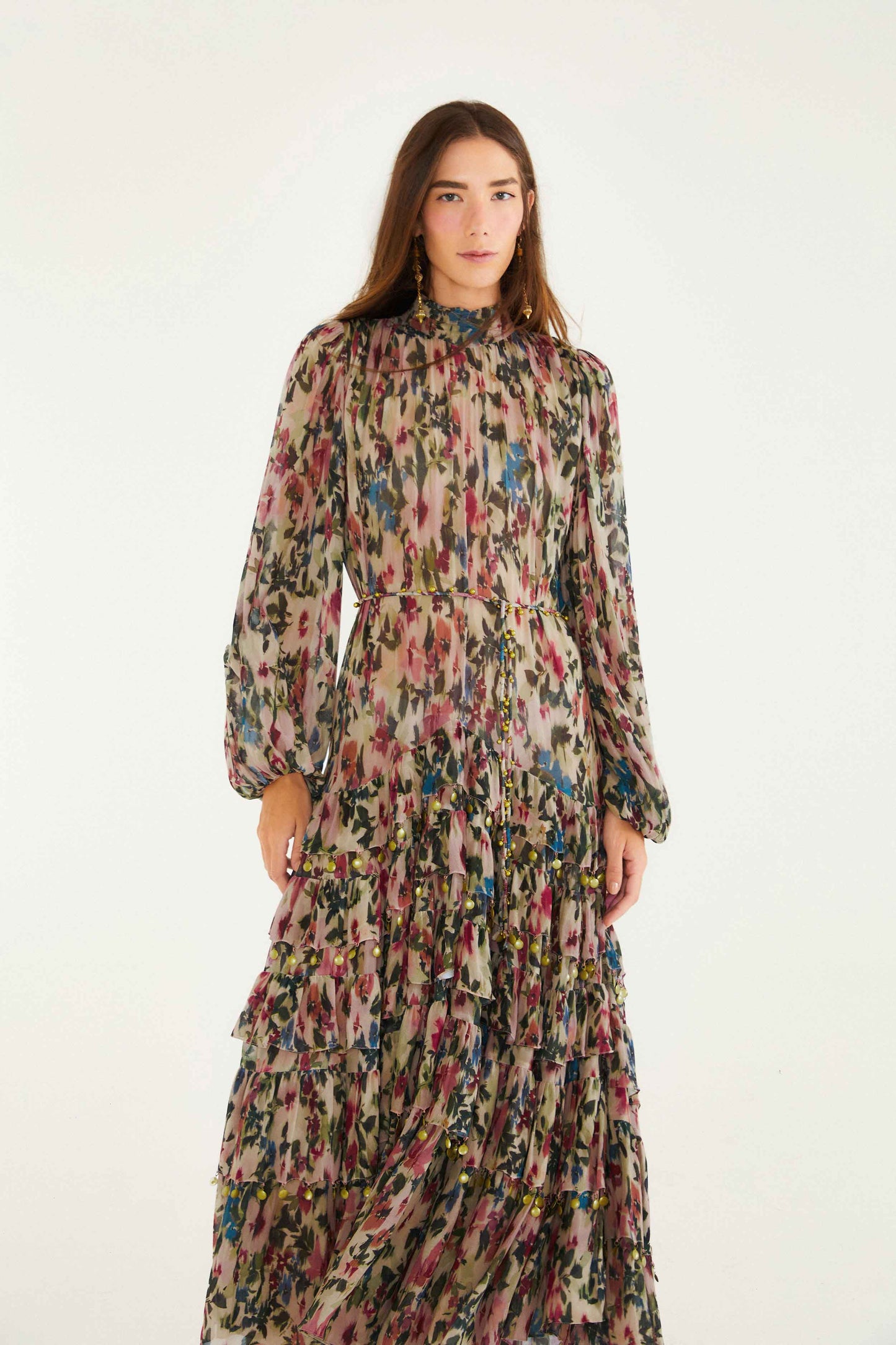 FARM Rio model wearing the Blurry Tiny Flowers Pink Long Sleeve Maxi Dress