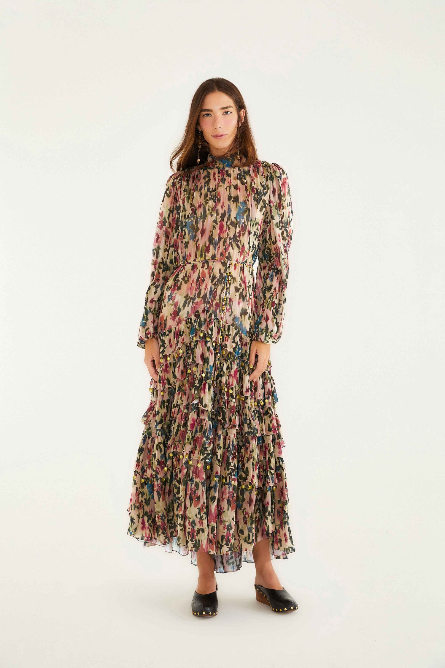 FARM Rio model wearing the Blurry Tiny Flowers Pink Long Sleeve Maxi Dress
