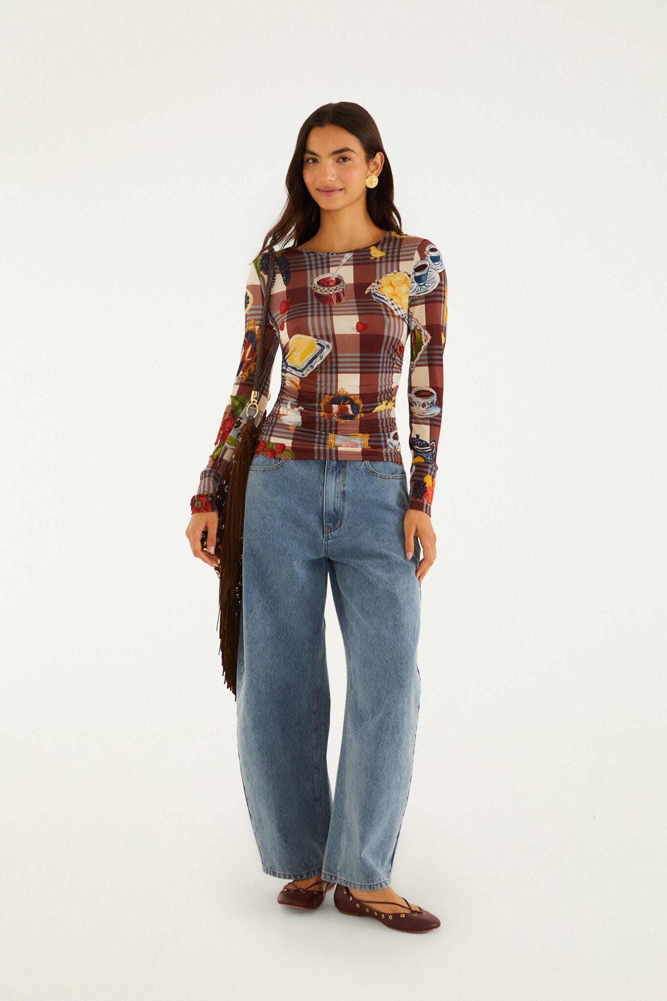 FARM Rio model wearing the Brown Country Table Tartan Long Sleeve Jersey Blouse