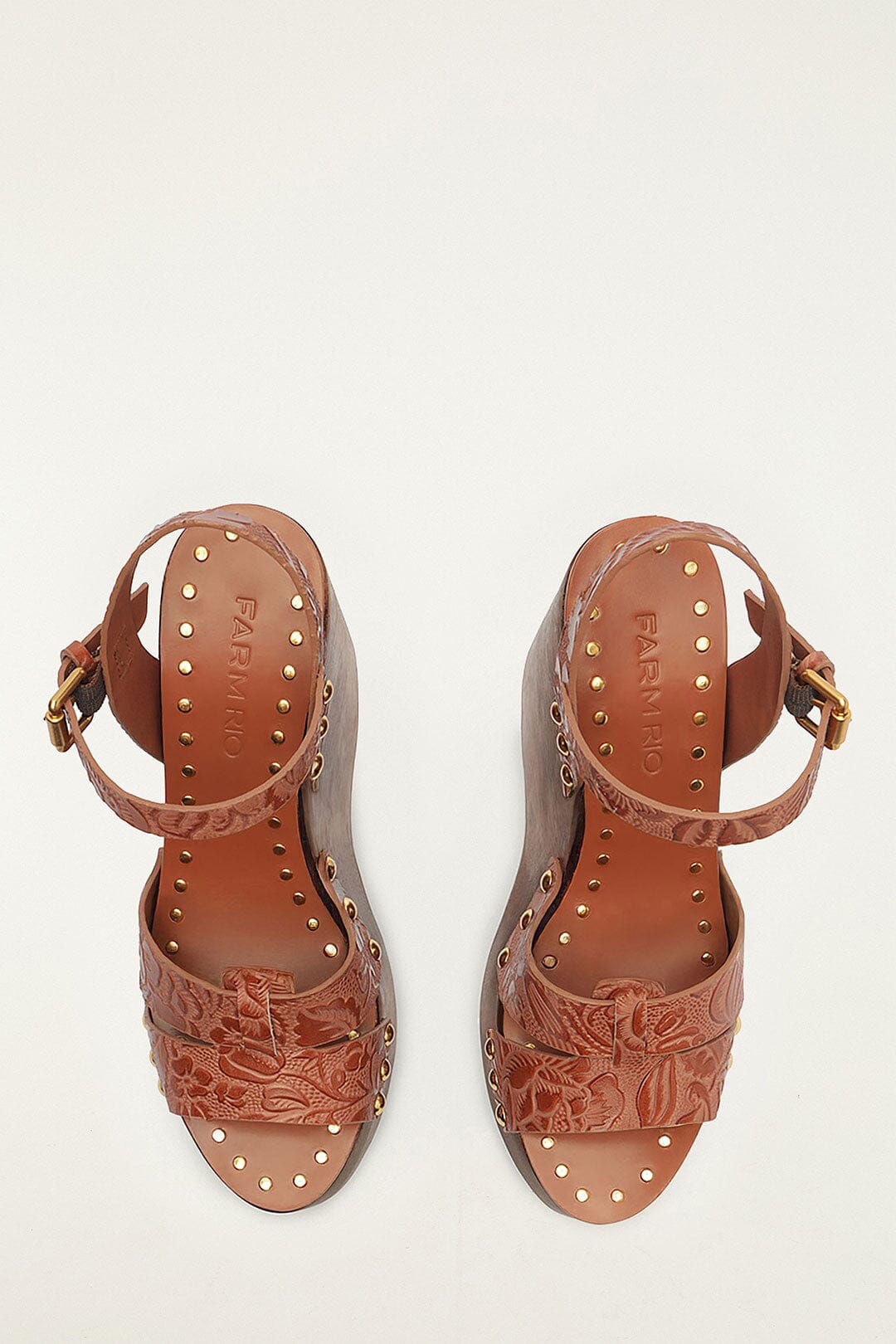 FARM Rio model wearing the Brown Embossed Wedge Sandal