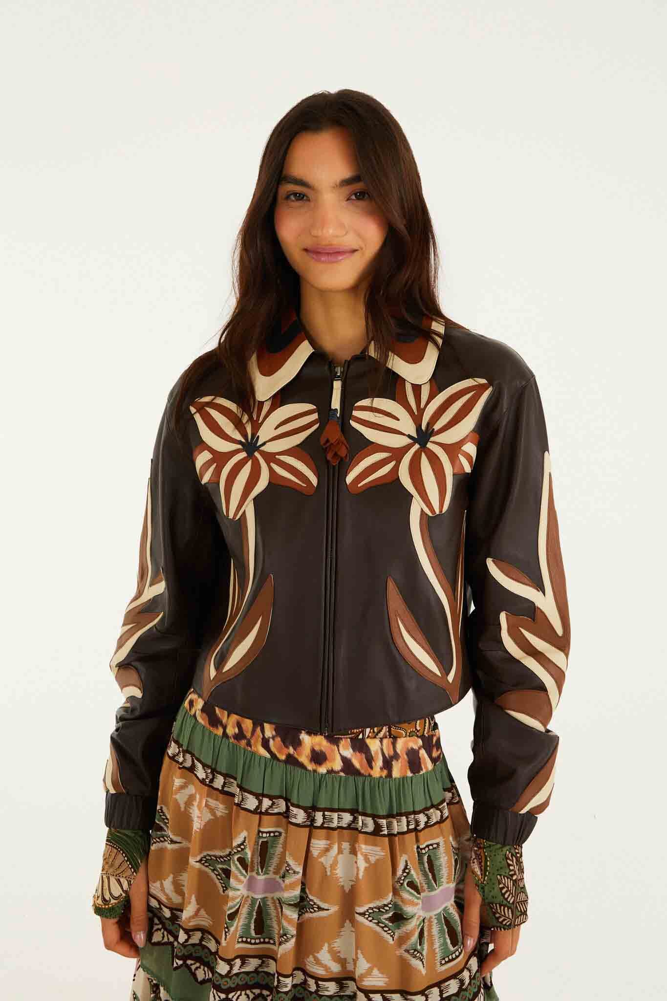 FARM Rio model wearing the Brown Flower Cutwork Collared Leather Jacket