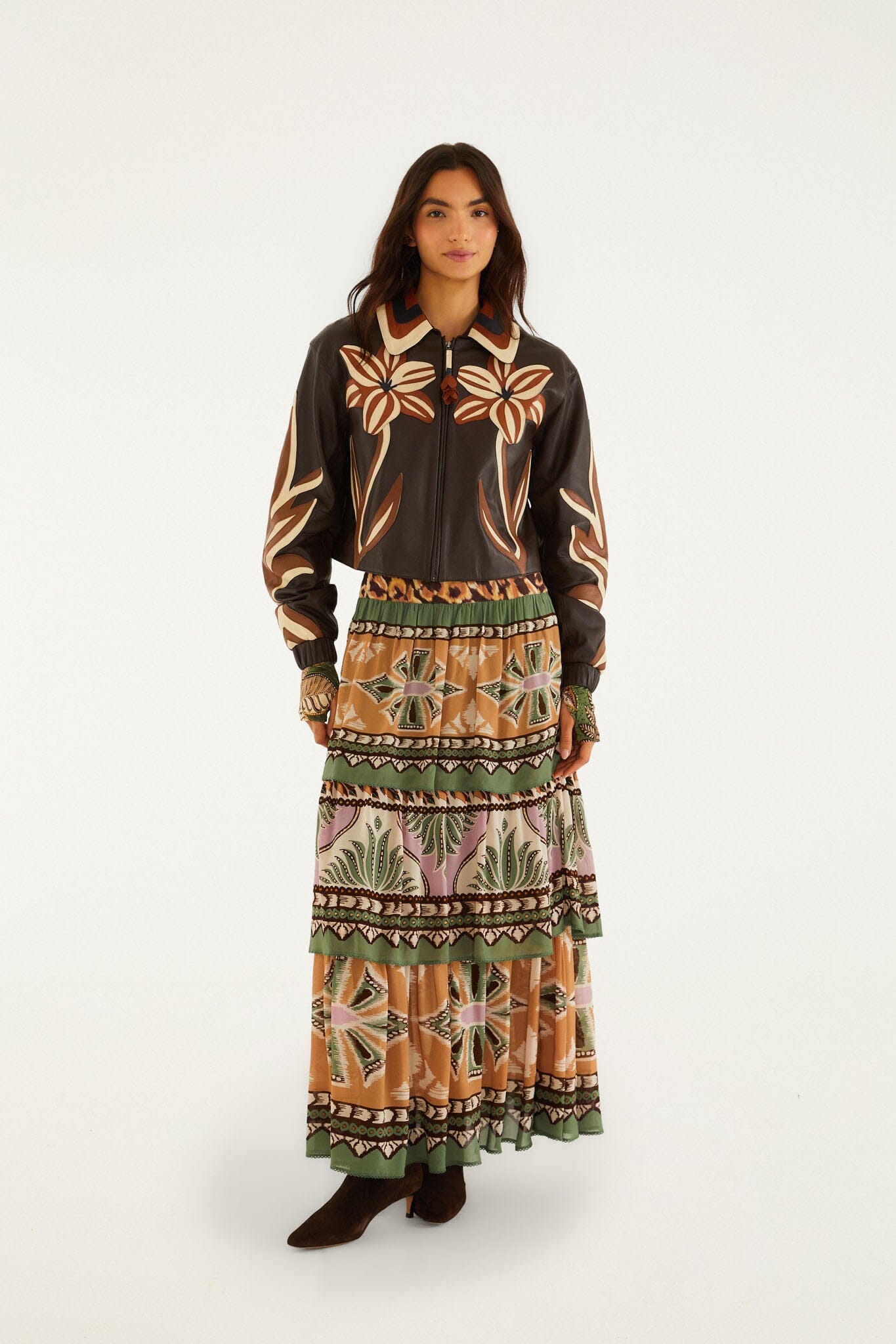 FARM Rio model wearing the Brown Flower Cutwork Collared Leather Jacket