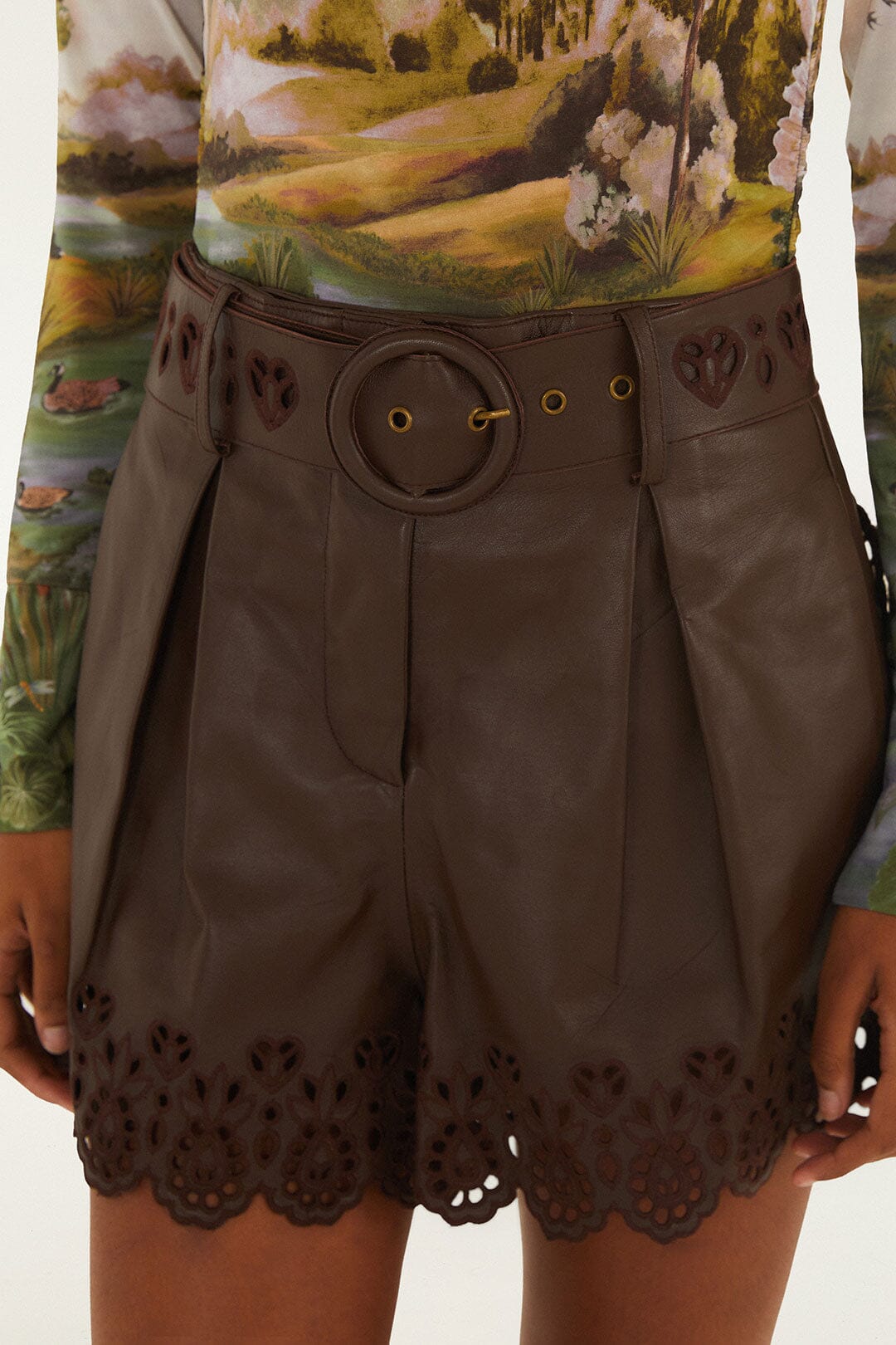 FARM Rio model wearing the Brown Hearts Richelieu Belted Leather Shorts