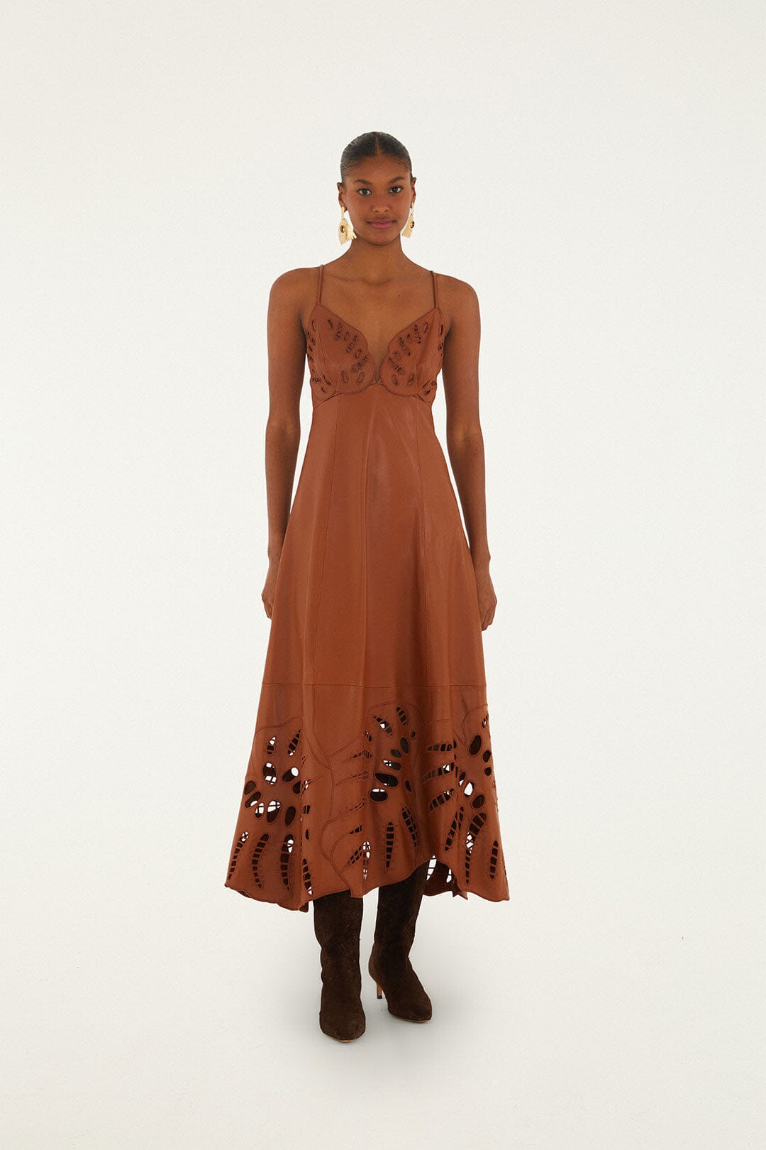 FARM Rio model wearing the Brown Monstera Cutwork Leather Midi Dress