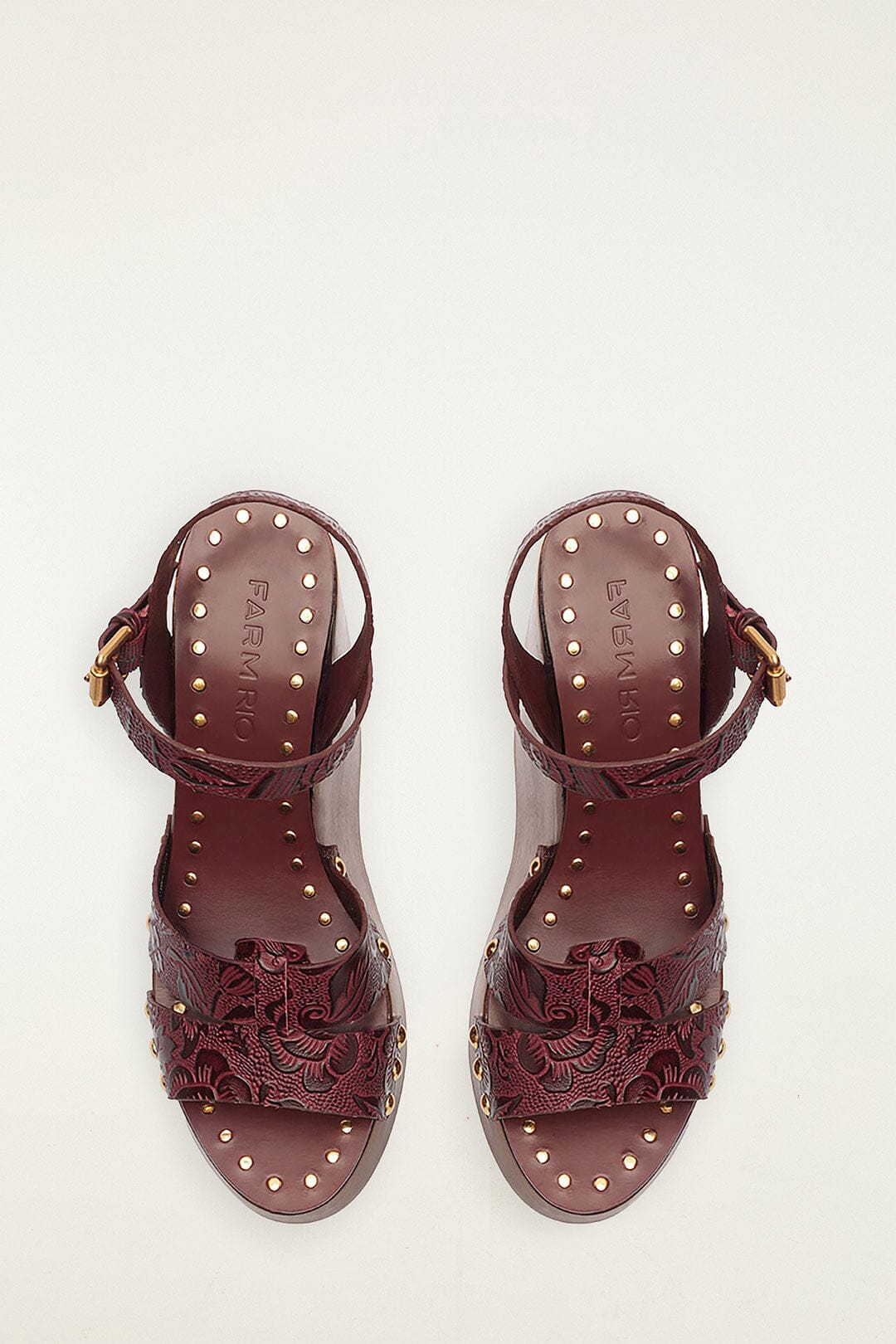 FARM Rio model wearing the Brown Studded Embossed Wedge Sandal