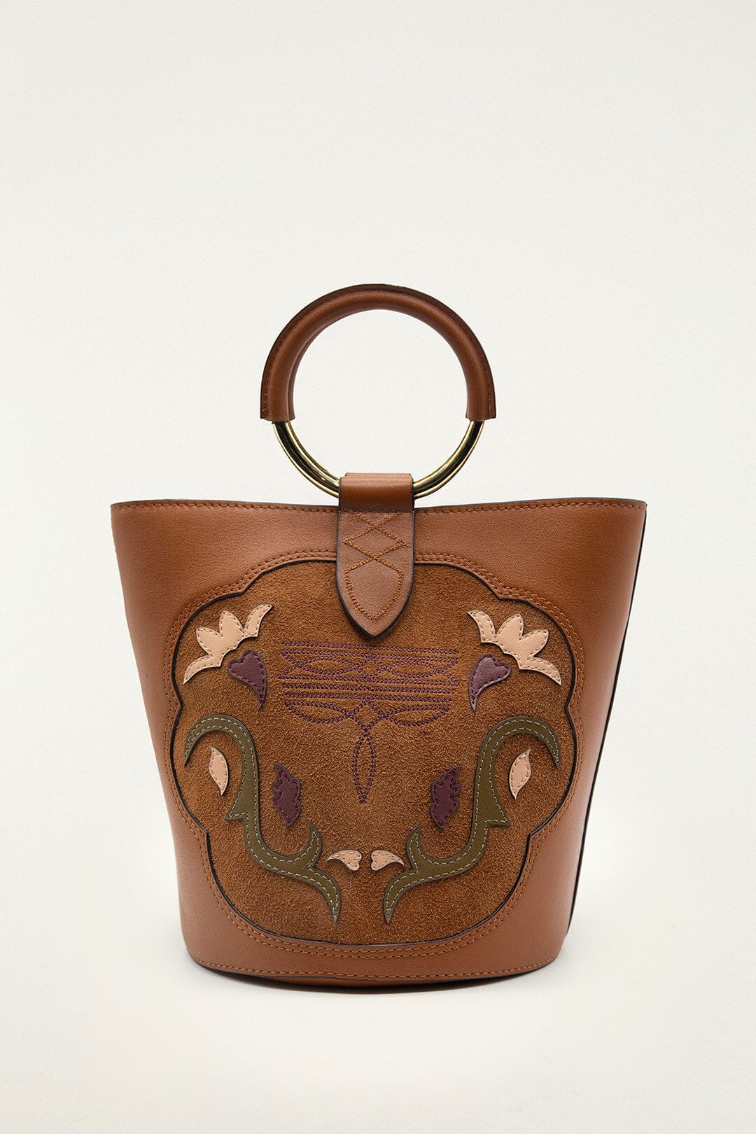 FARM Rio model wearing the Brown Western Embroidered Leather Bucket Bag