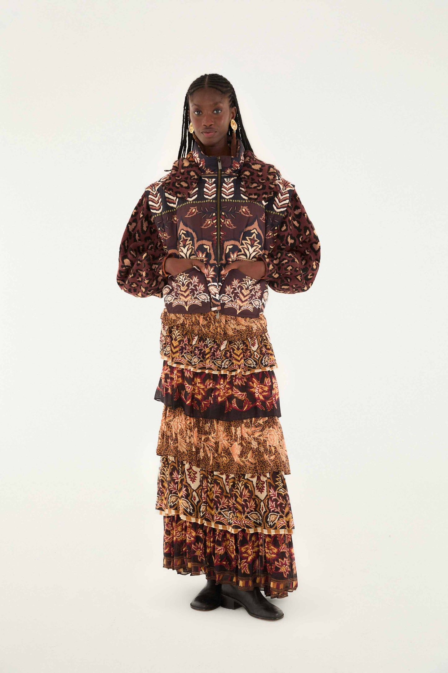 FARM Rio model wearing the Brown Winter Ainika Puffer Jacket