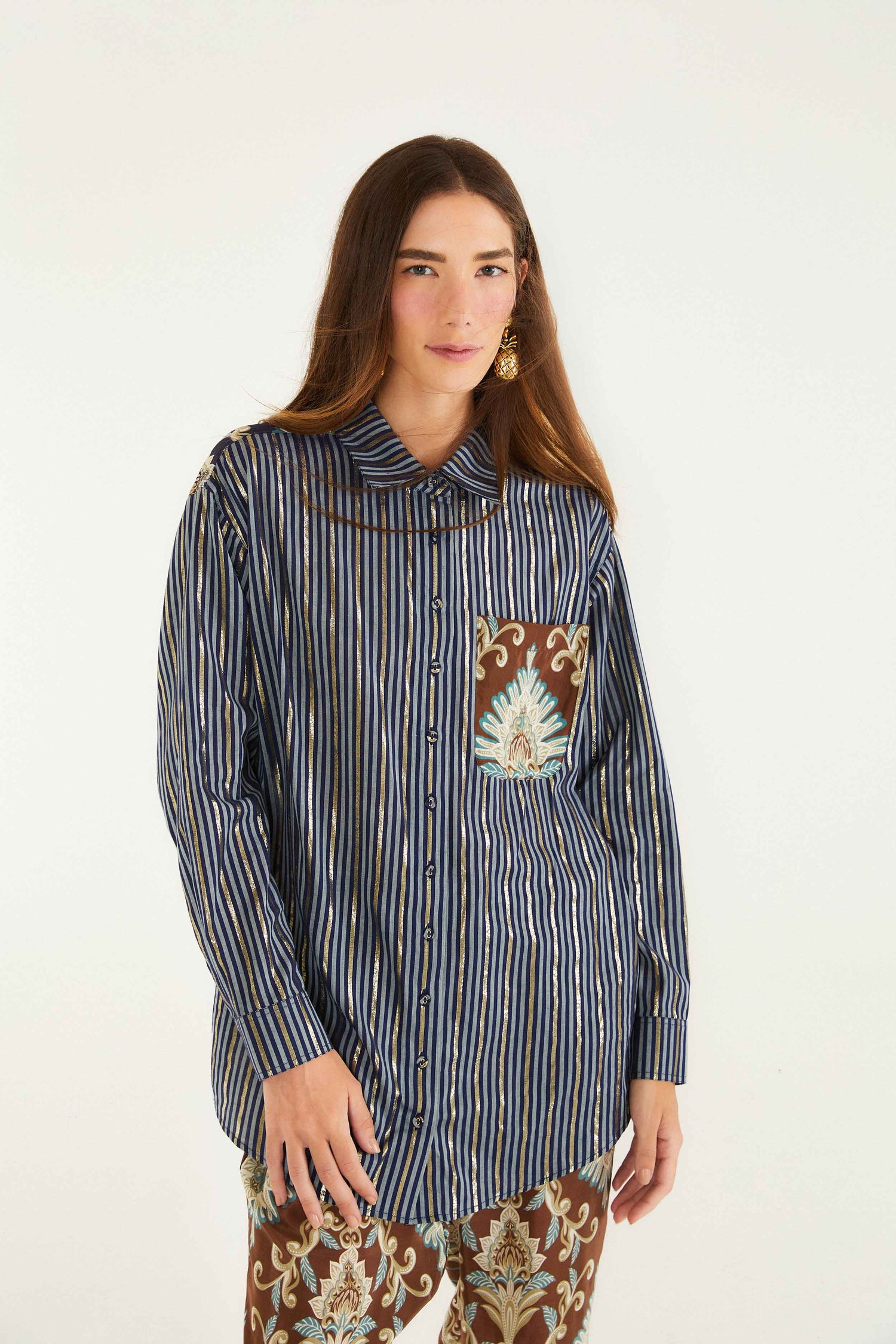 FARM Rio model wearing the Brown Wonderful Arabesque Shirt