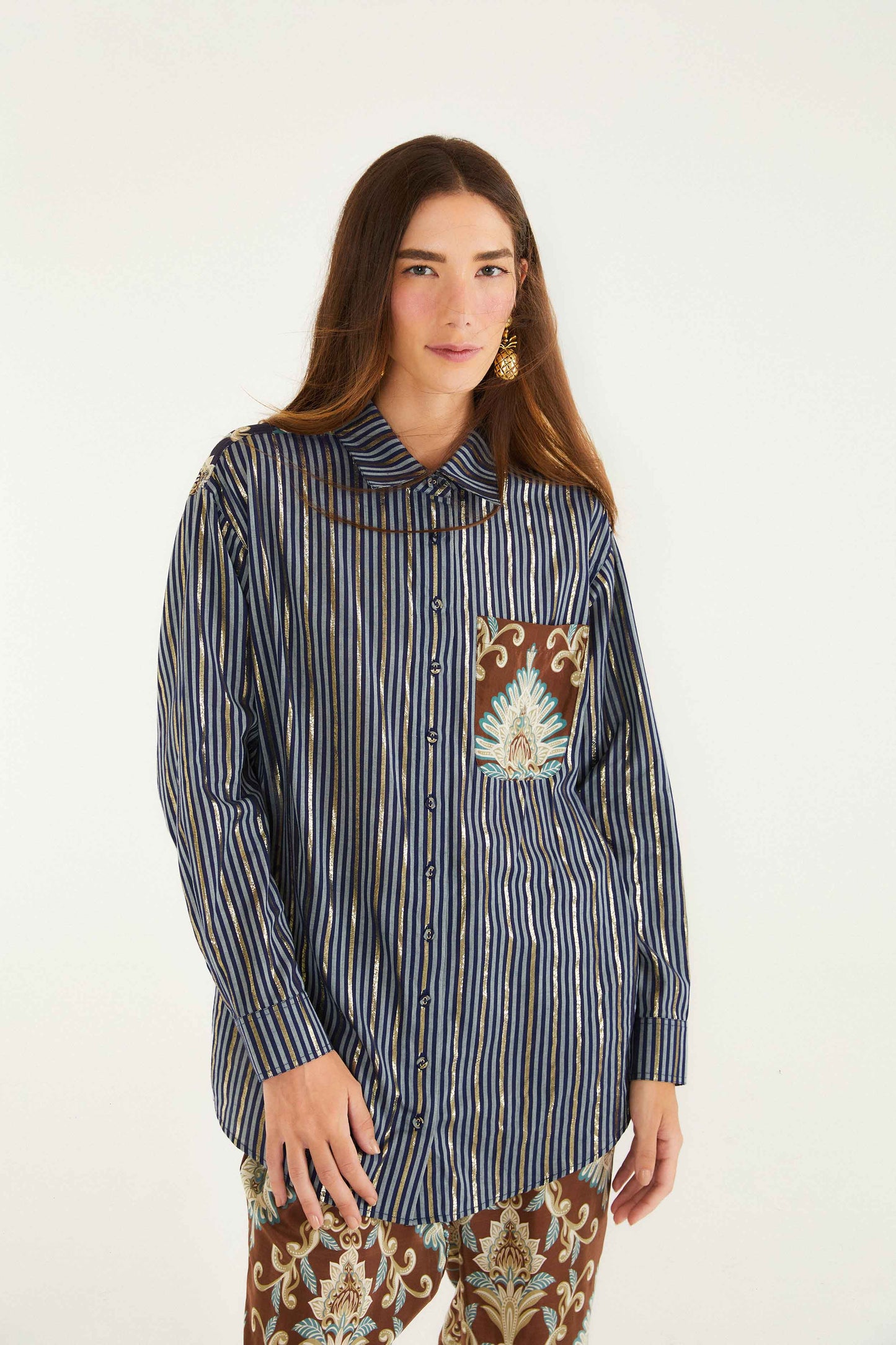 FARM Rio model wearing the Brown Wonderful Arabesque Shirt