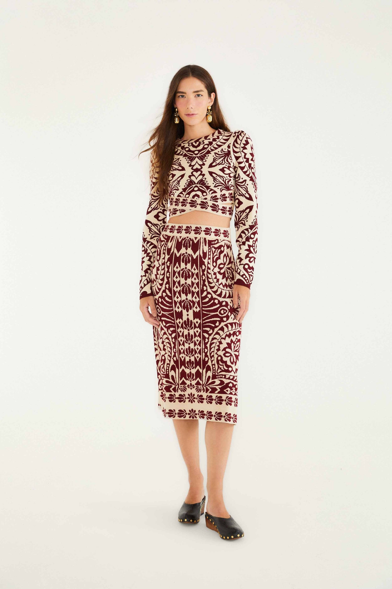 FARM Rio model wearing the Burgundy Pineapple Love Knit Top