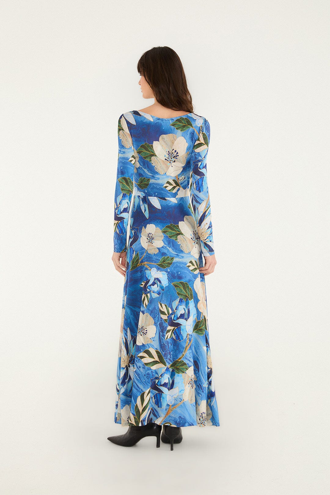 FARM Rio model wearing the Chita Pietra Dura Long Sleeve Maxi Dress