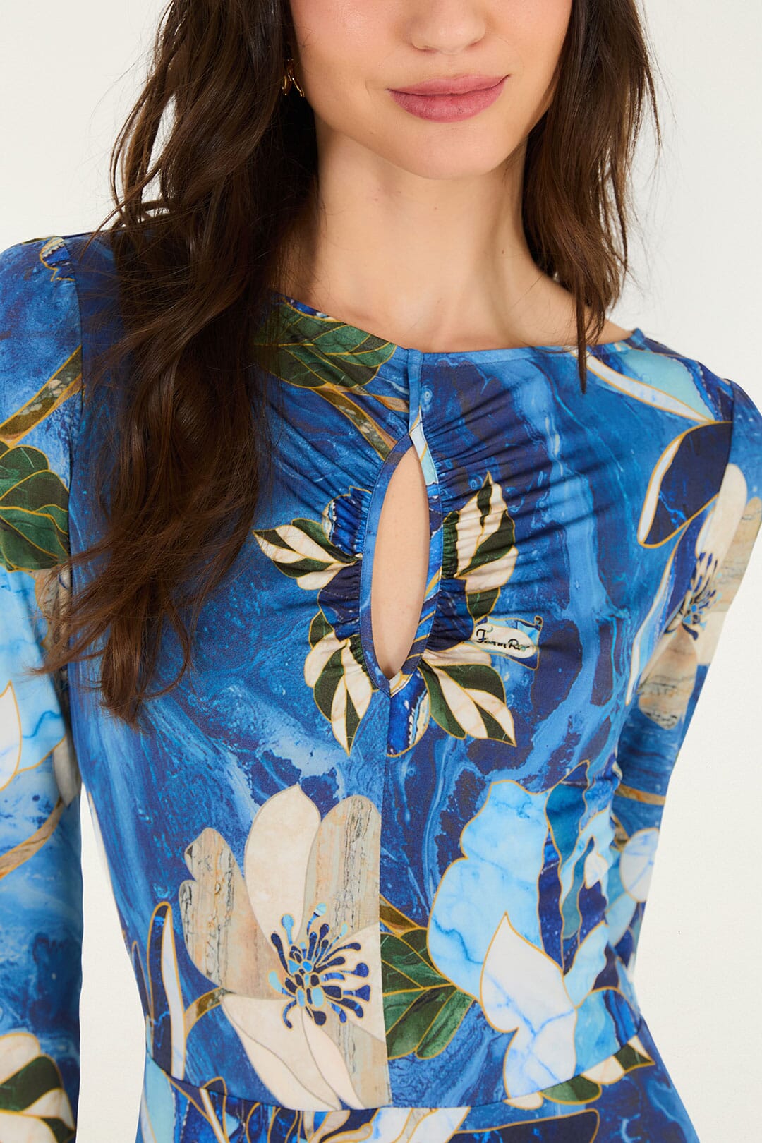 FARM Rio model wearing the Chita Pietra Dura Long Sleeve Maxi Dress