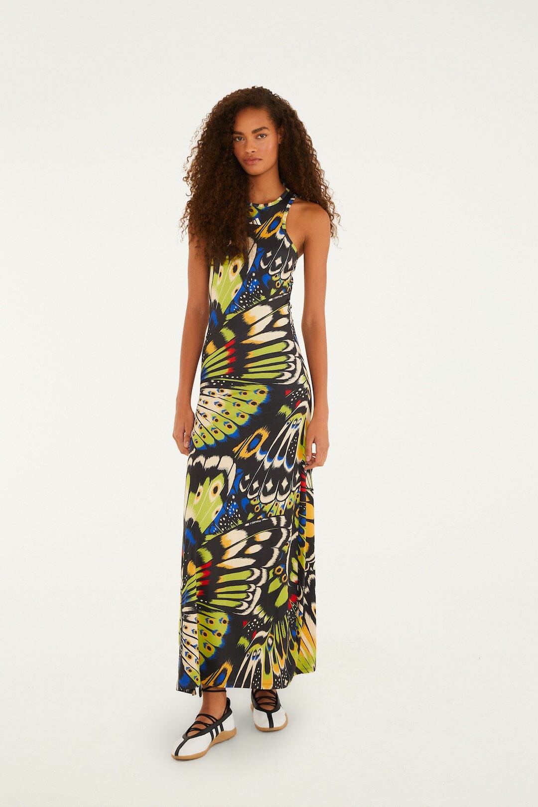 FARM Rio model wearing the Colorfly Green Adidas Dress