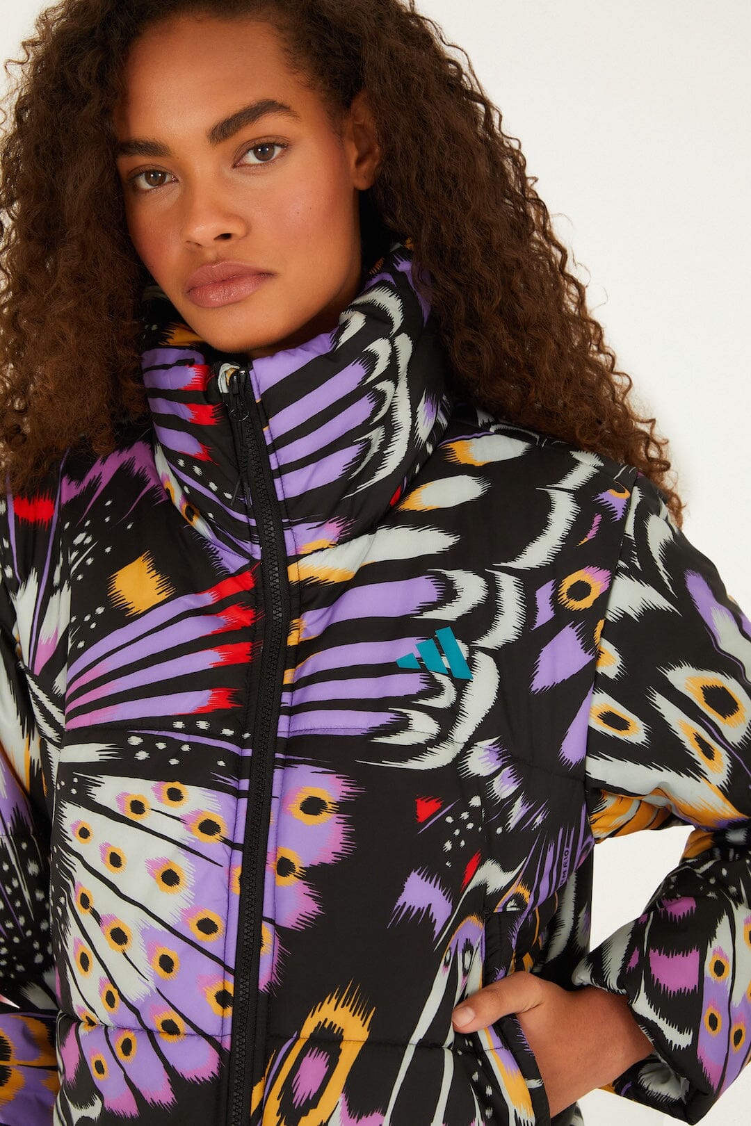 FARM Rio model wearing the Colorfly Lilac Adidas Puffer Jacket