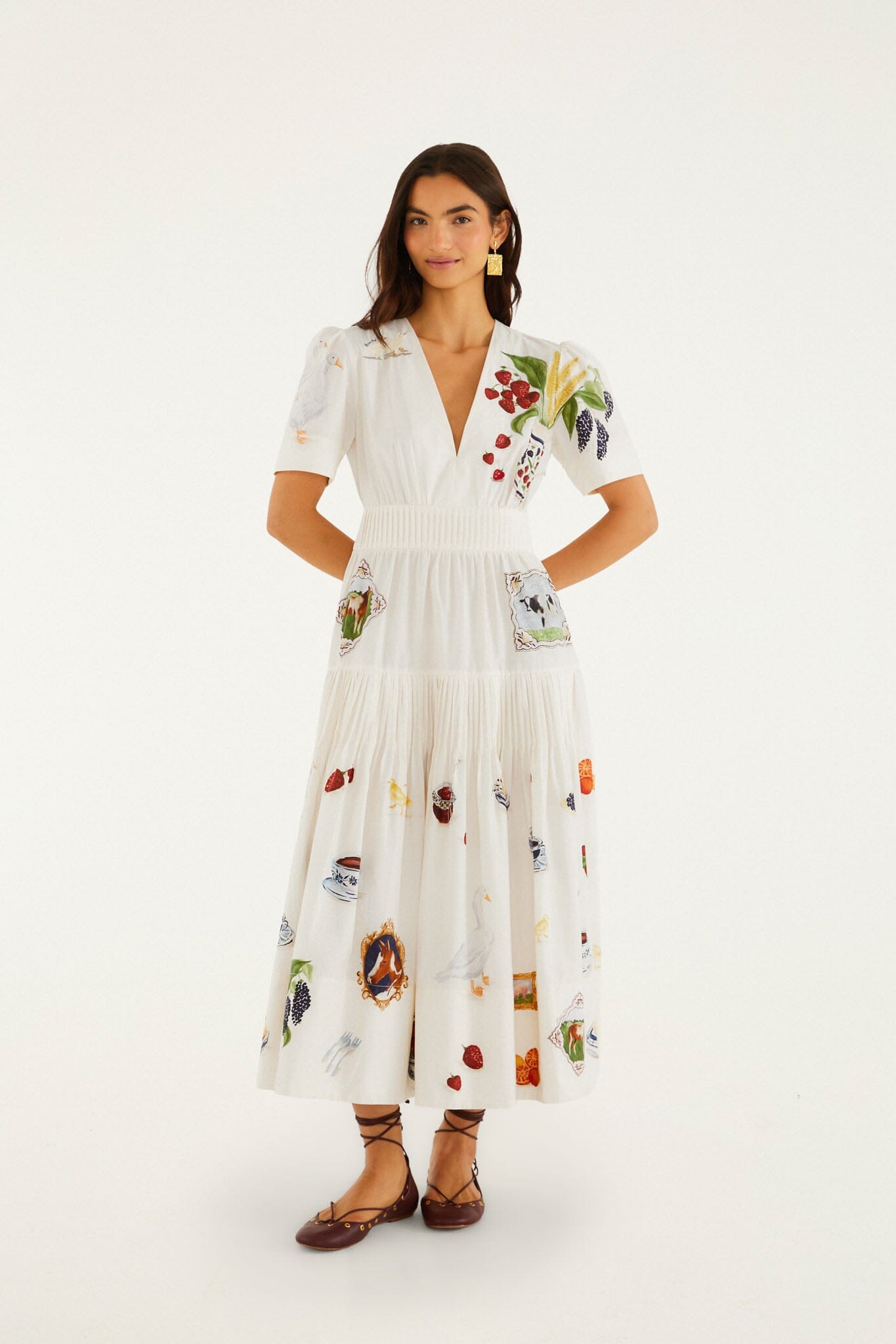 FARM Rio model wearing the Country Table Winter Short Sleeve Midi Dress