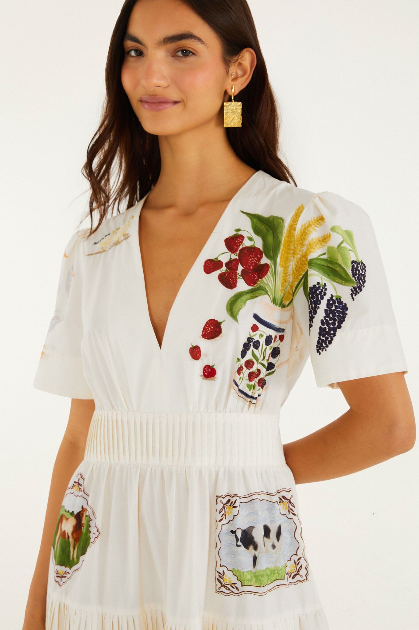 FARM Rio model wearing the Country Table Winter Short Sleeve Midi Dress