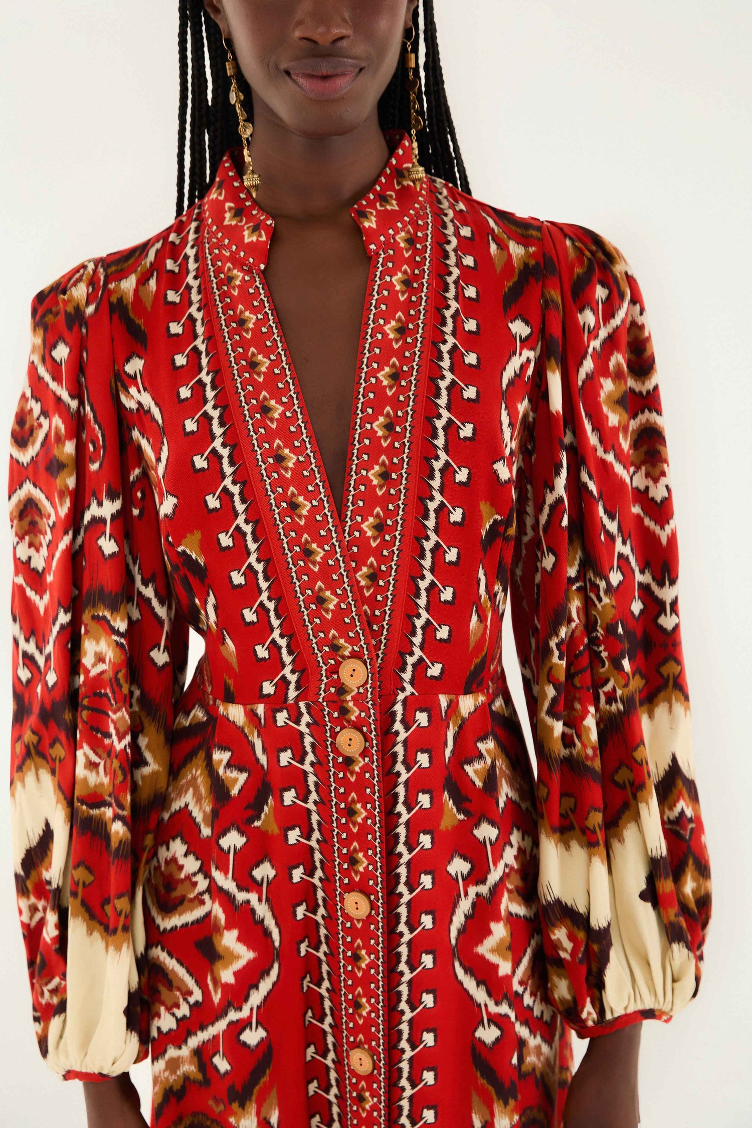 FARM Rio model wearing the Cream Ainika Pineapple Ikat Maxi Dress