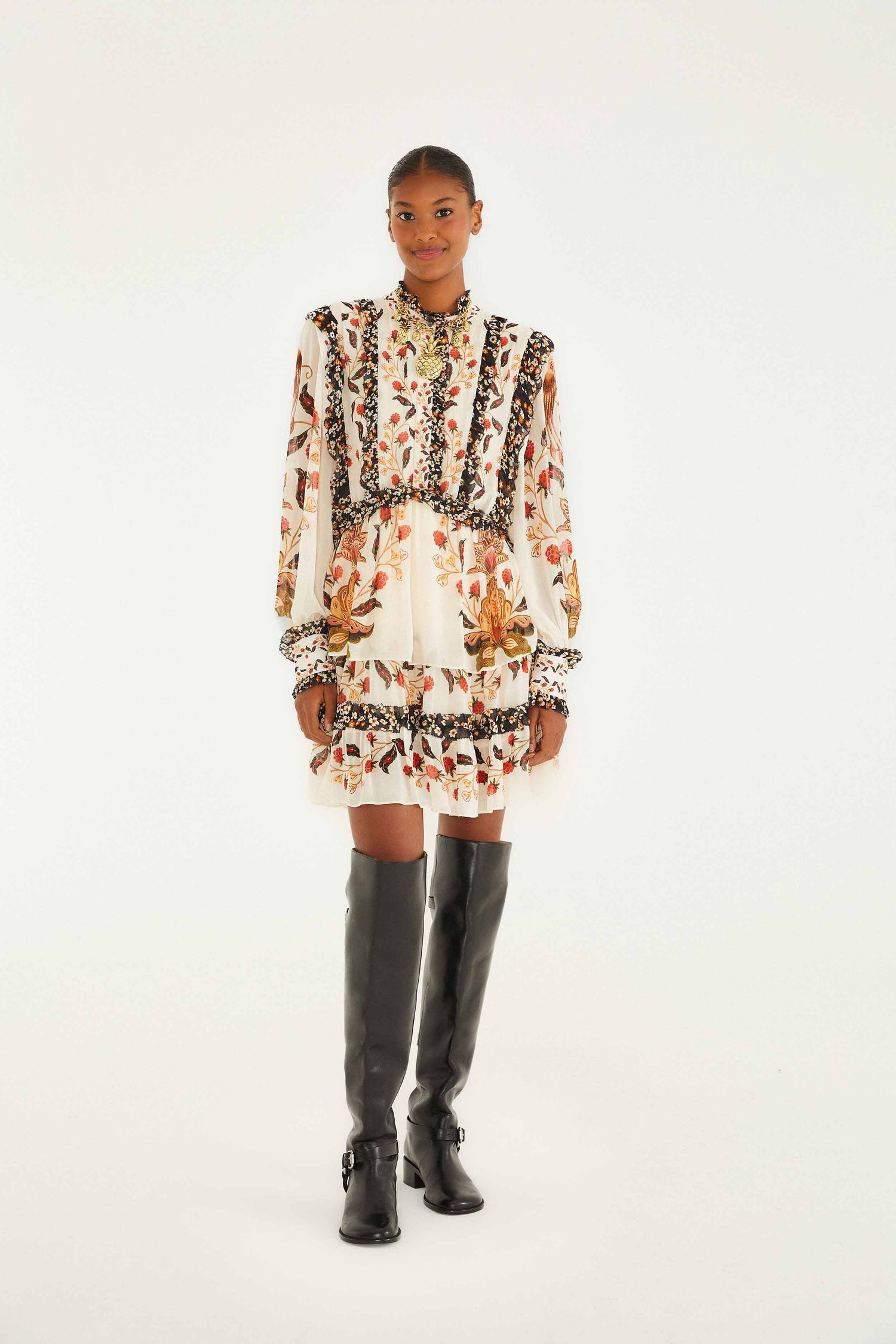 FARM Rio model wearing the Cream Berry Garden Mini Dress