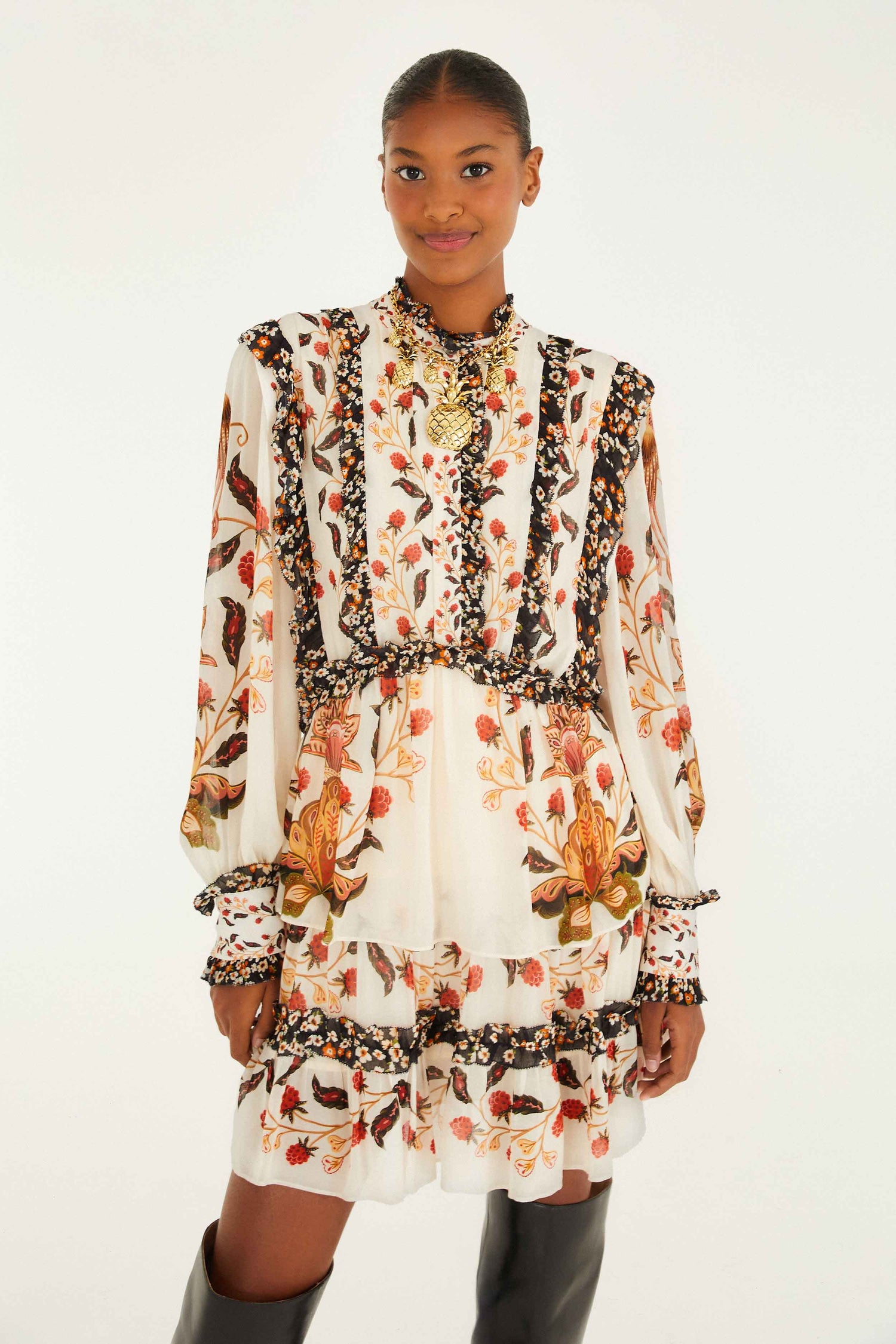 FARM Rio model wearing the Cream Berry Garden Mini Dress