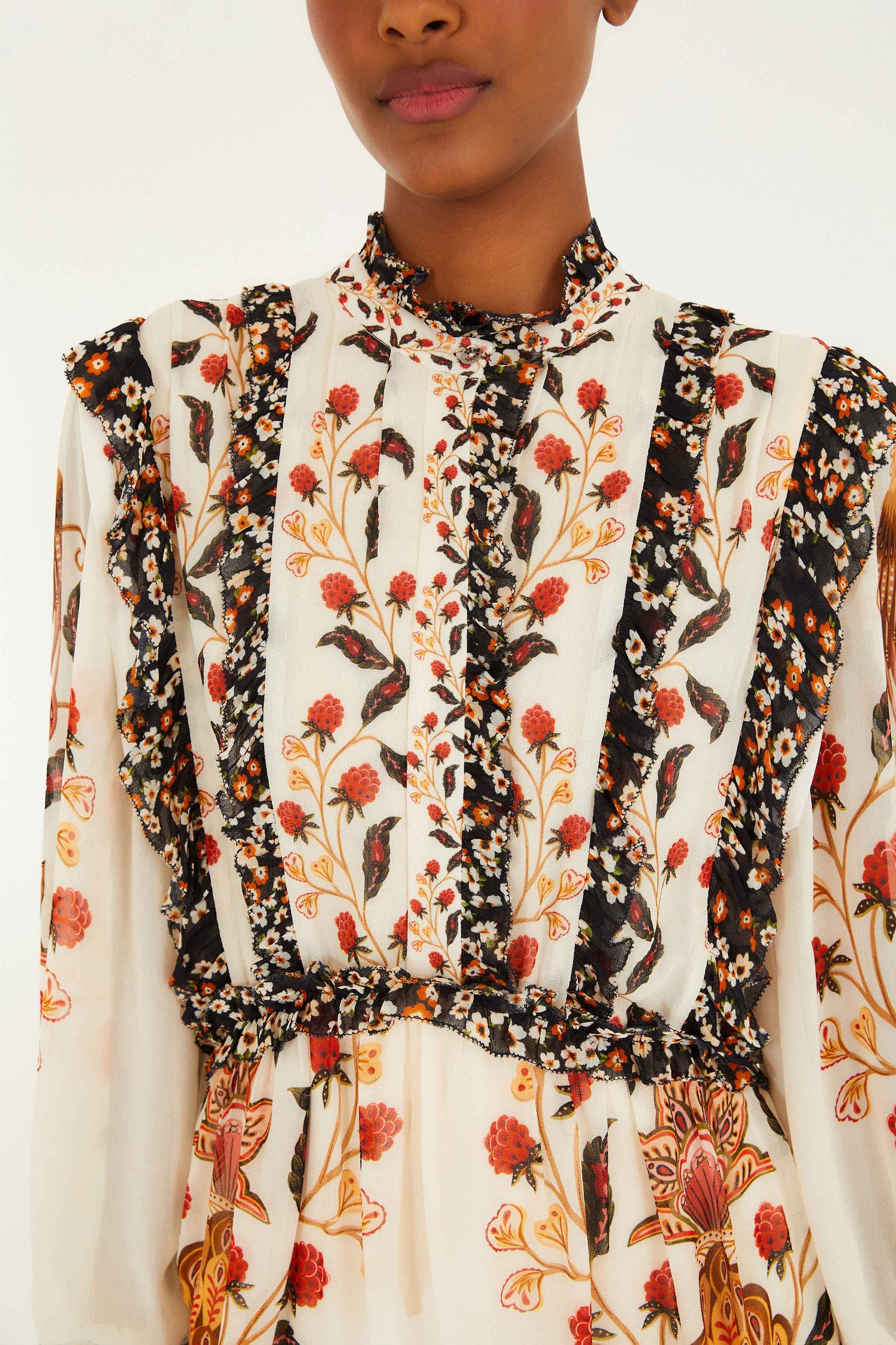 FARM Rio model wearing the Cream Berry Garden Mini Dress