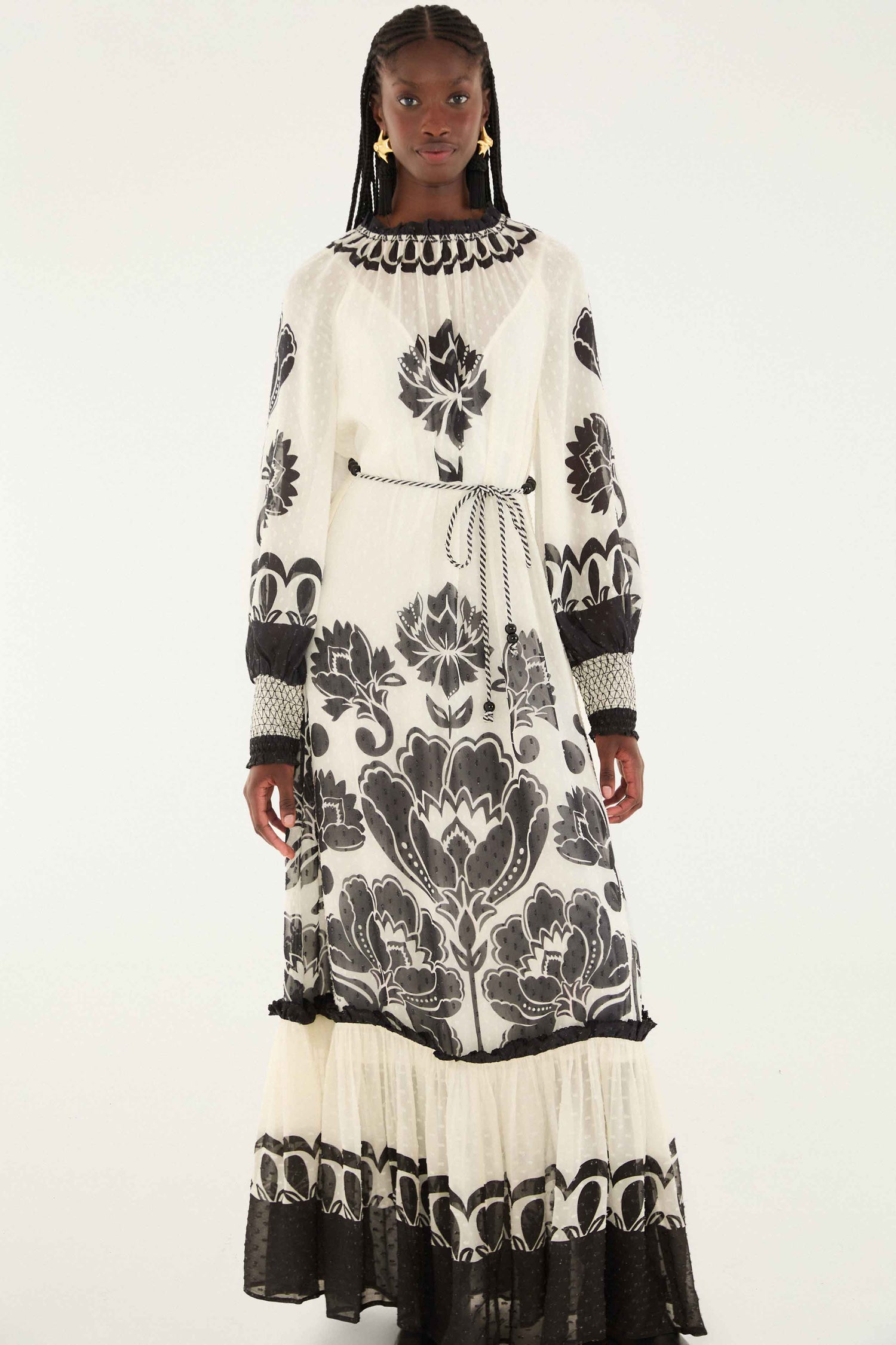 FARM Rio model wearing the Cream Floral Arabesque Rope Belt Maxi Dress