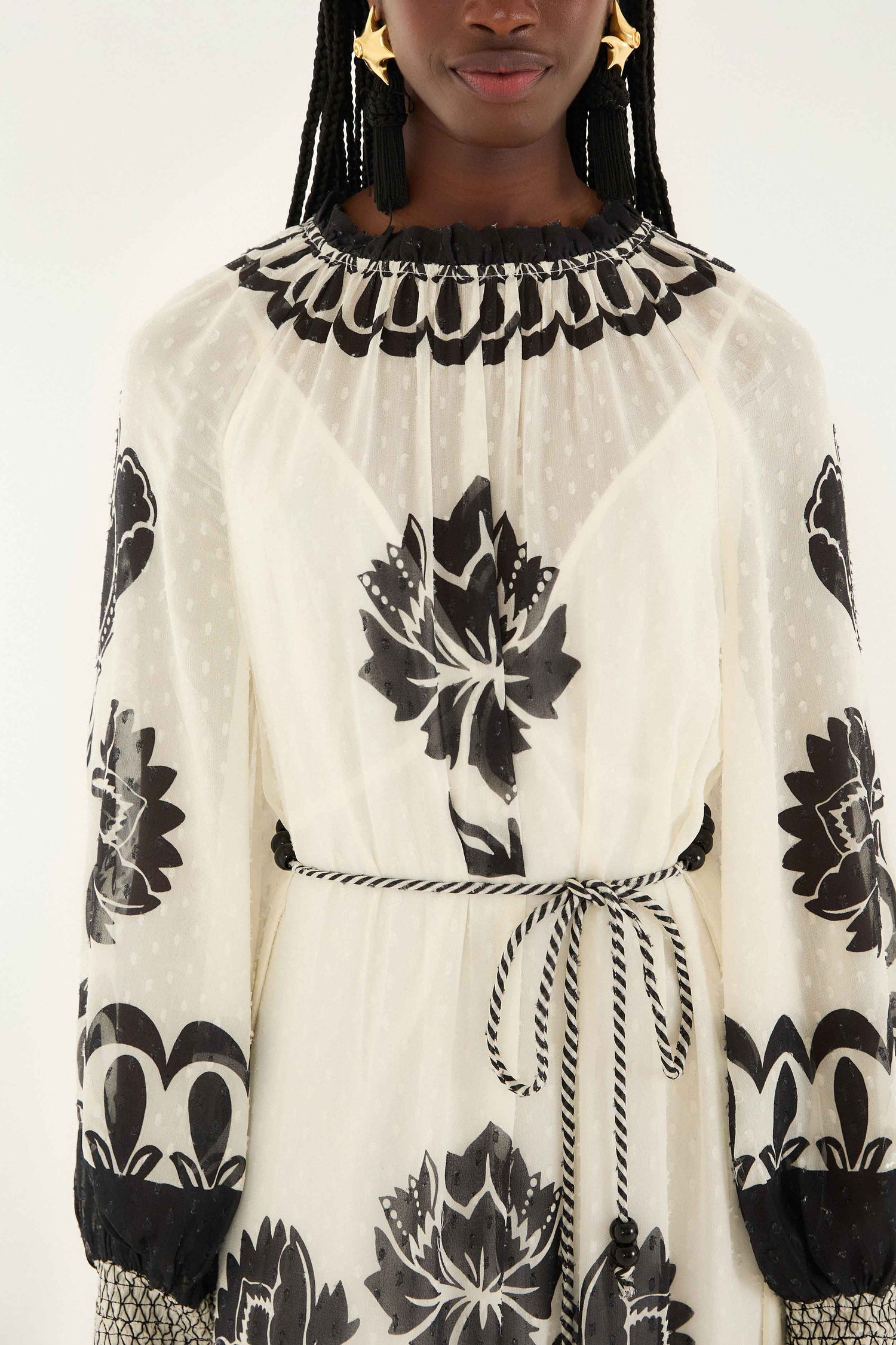 FARM Rio model wearing the Cream Floral Arabesque Rope Belt Maxi Dress