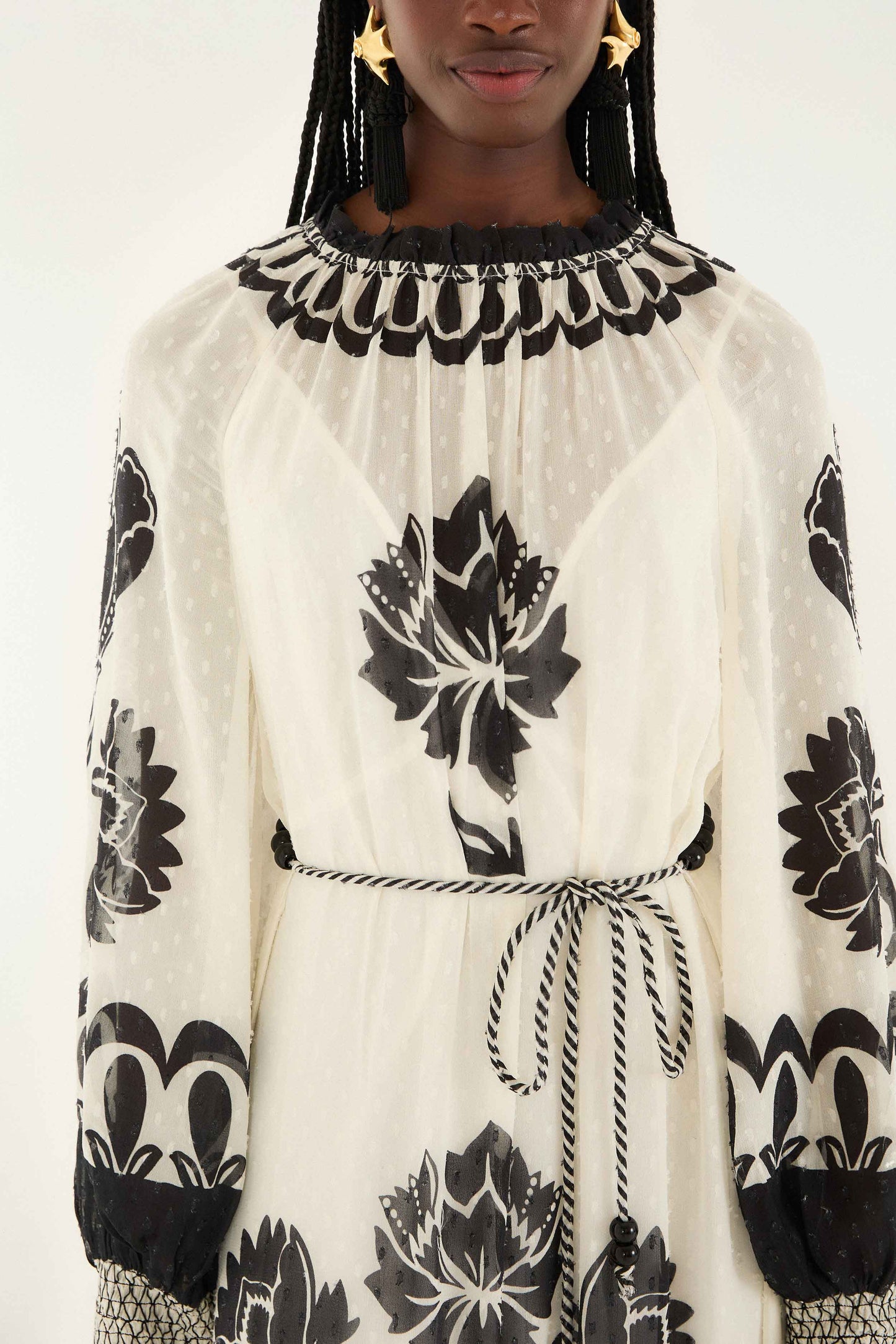 FARM Rio model wearing the Cream Floral Arabesque Rope Belt Maxi Dress