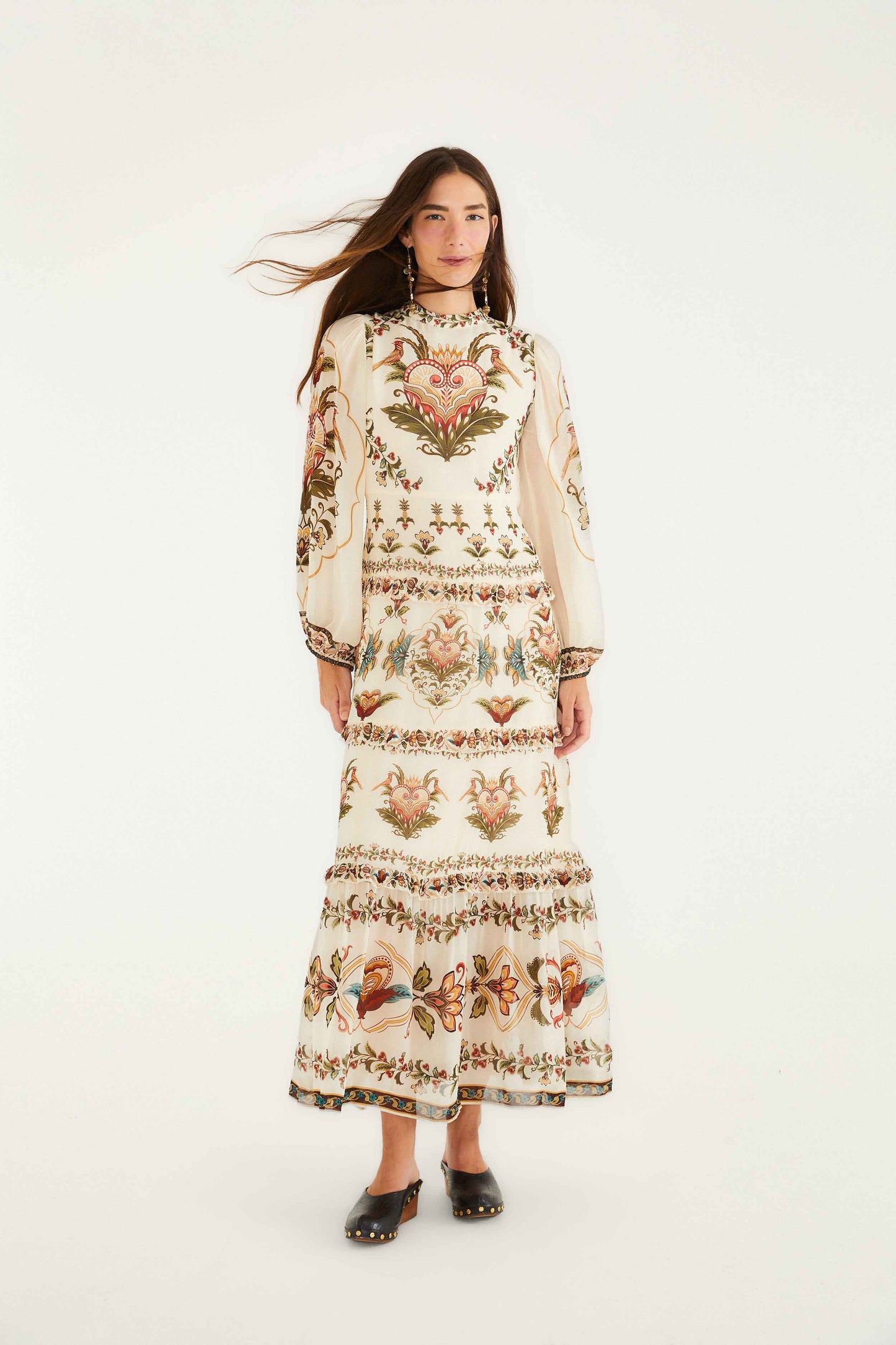 FARM Rio model wearing the Cream Majestic Hearts Maxi Dress